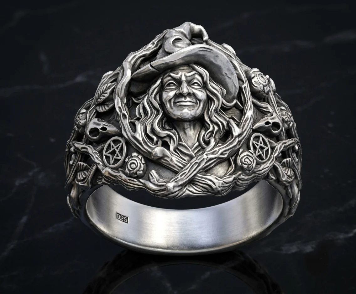 Gothic Witch Head Ring with Pentagrams and Skulls — view 8