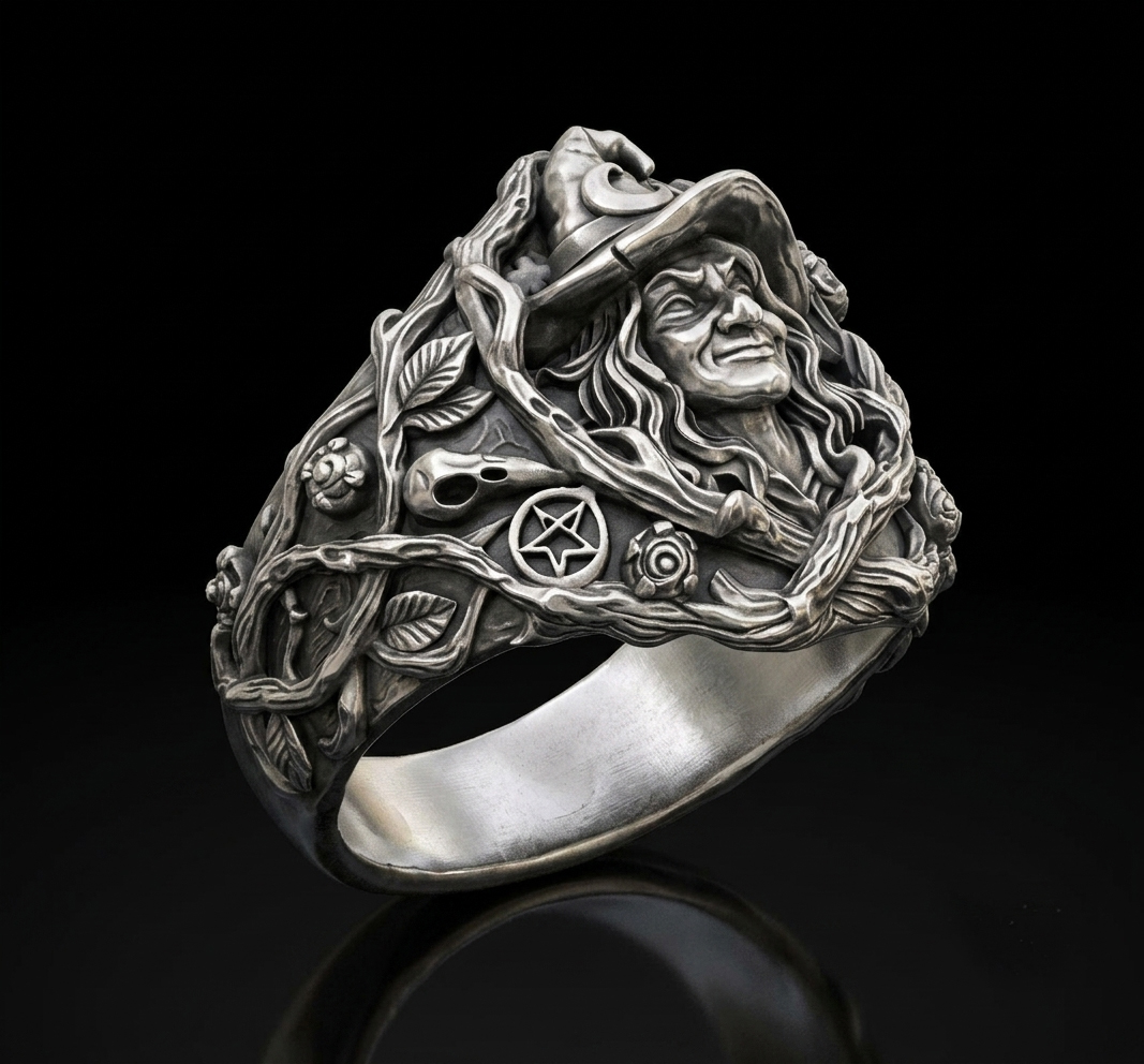 Gothic Witch Head Ring with Pentagrams and Skulls — view 2