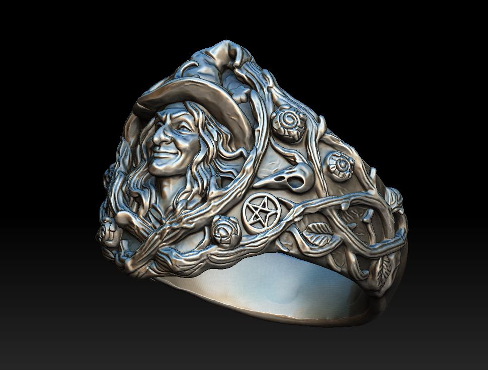 Gothic Witch Head Ring with Pentagrams and Skulls — view 6