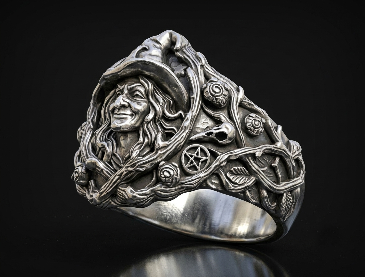 Gothic Witch Head Ring with Pentagrams and Skulls