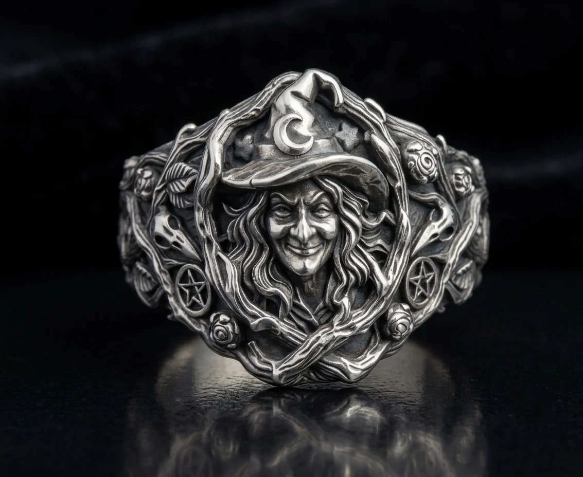 Gothic Witch Head Ring with Pentagrams and Skulls — view 3