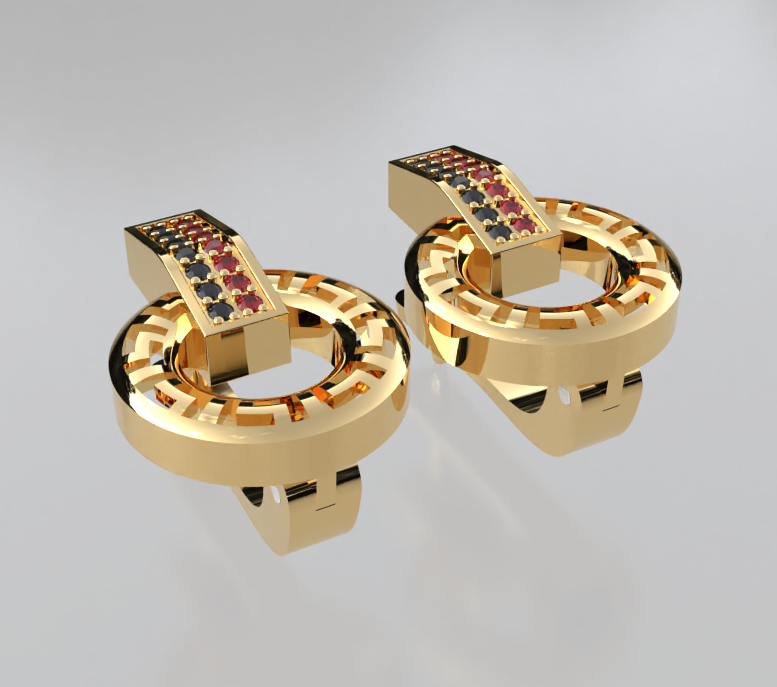 Meander Pattern Gold Pave Leverback Earrings