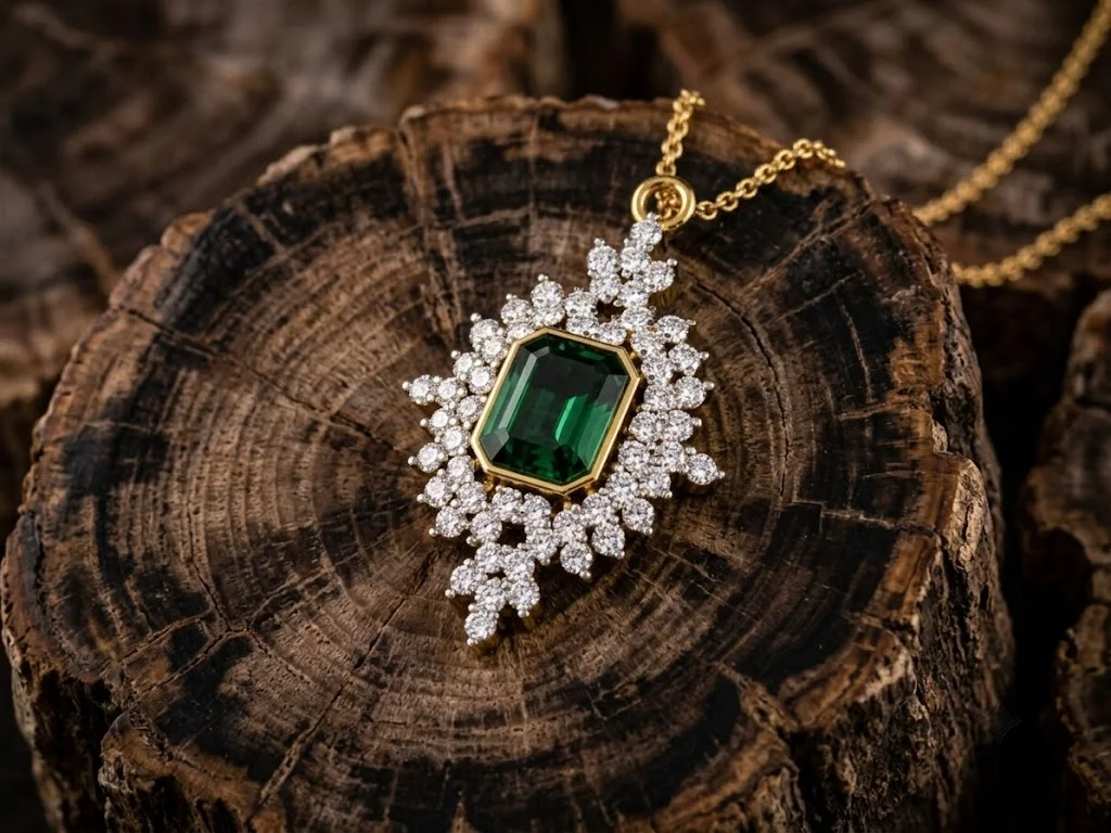 Vintage Style Emerald-Cut Gemstone Starburst Cluster Pendant — view 7