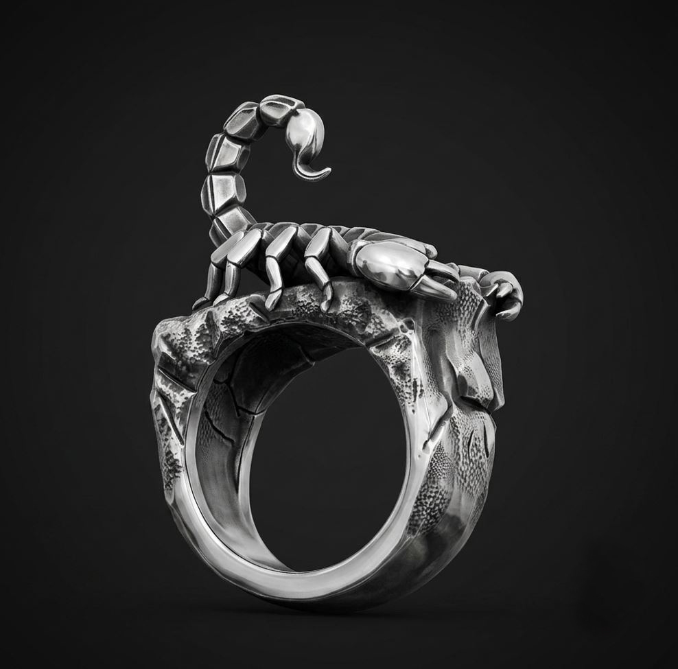 Detailed Sculptural Scorpion on Rock Ring — view 3
