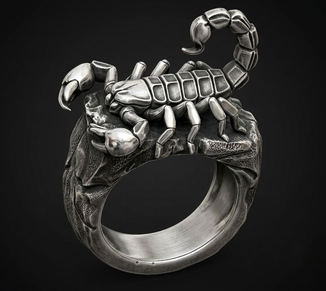 Detailed Sculptural Scorpion on Rock Ring