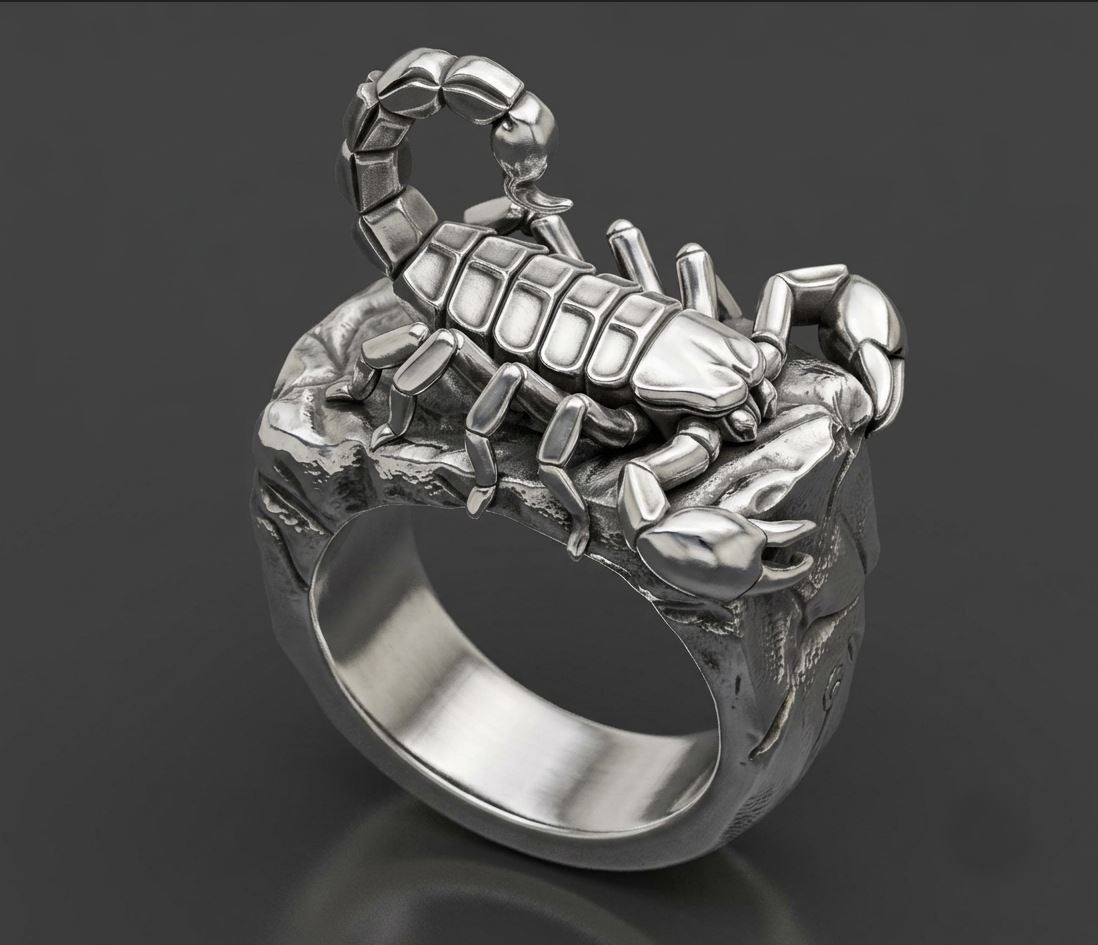 Detailed Sculptural Scorpion on Rock Ring — view 2