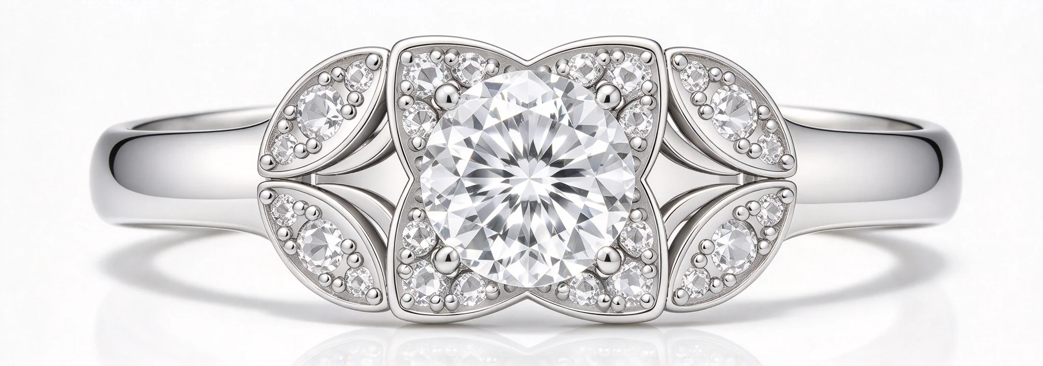 Quatrefoil Halo Ring with Leaf Split Shank — view 2