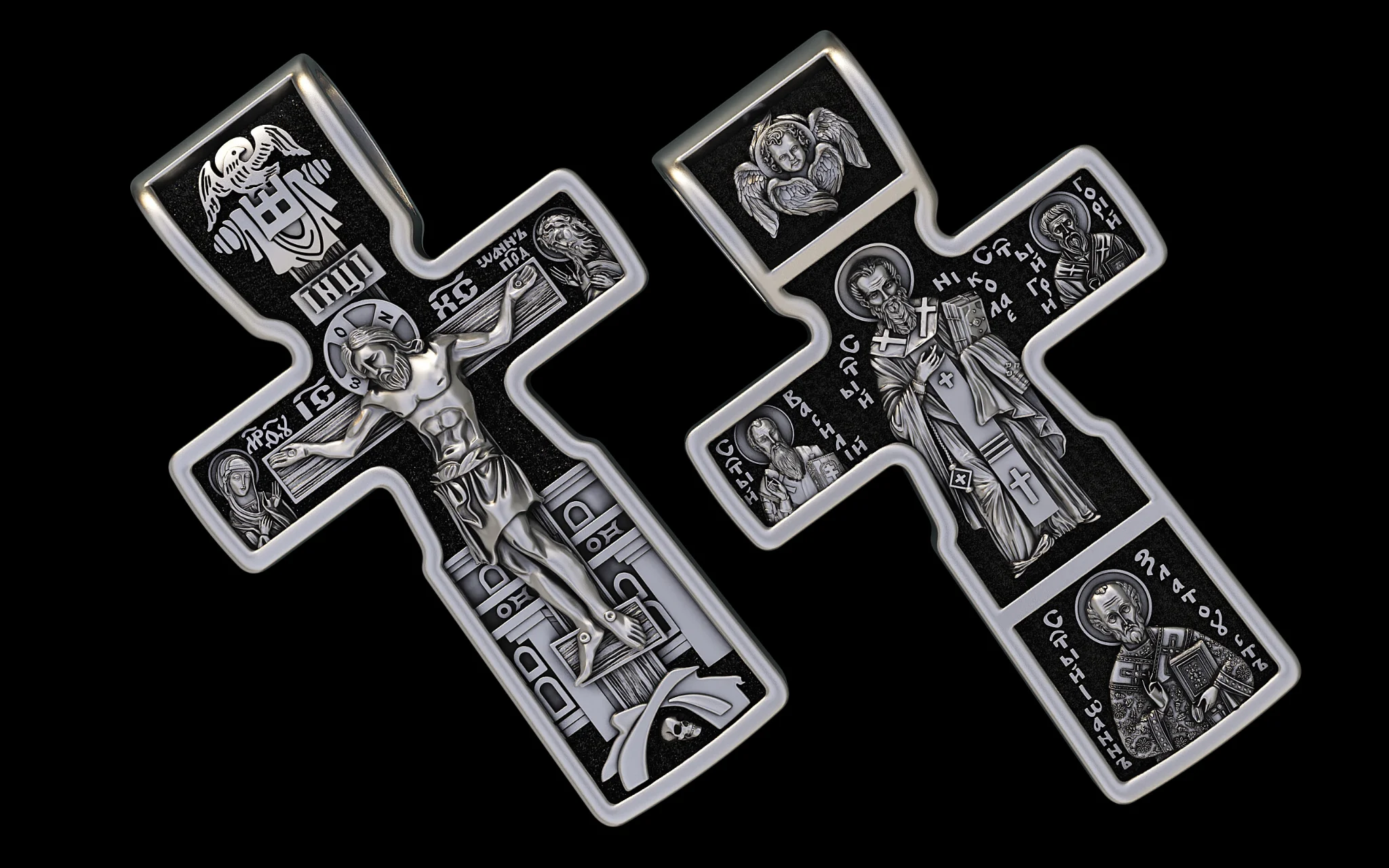 Two-Tone Orthodox Cross Pendant with Crucifixion & Saints — view 4