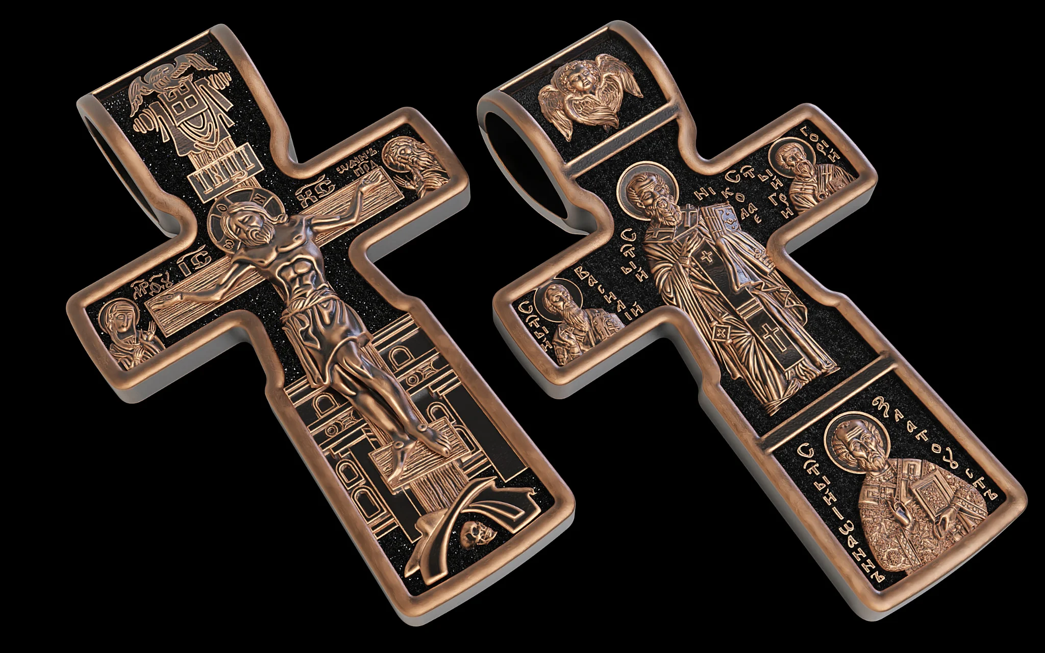 Two-Tone Orthodox Cross Pendant with Crucifixion & Saints — view 2