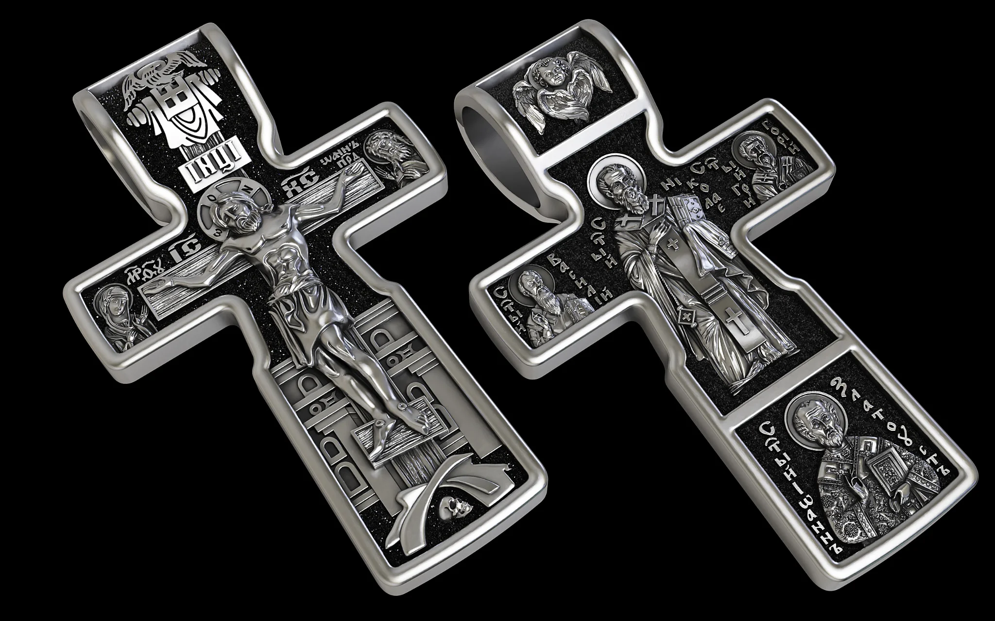 Two-Tone Orthodox Cross Pendant with Crucifixion & Saints — view 3
