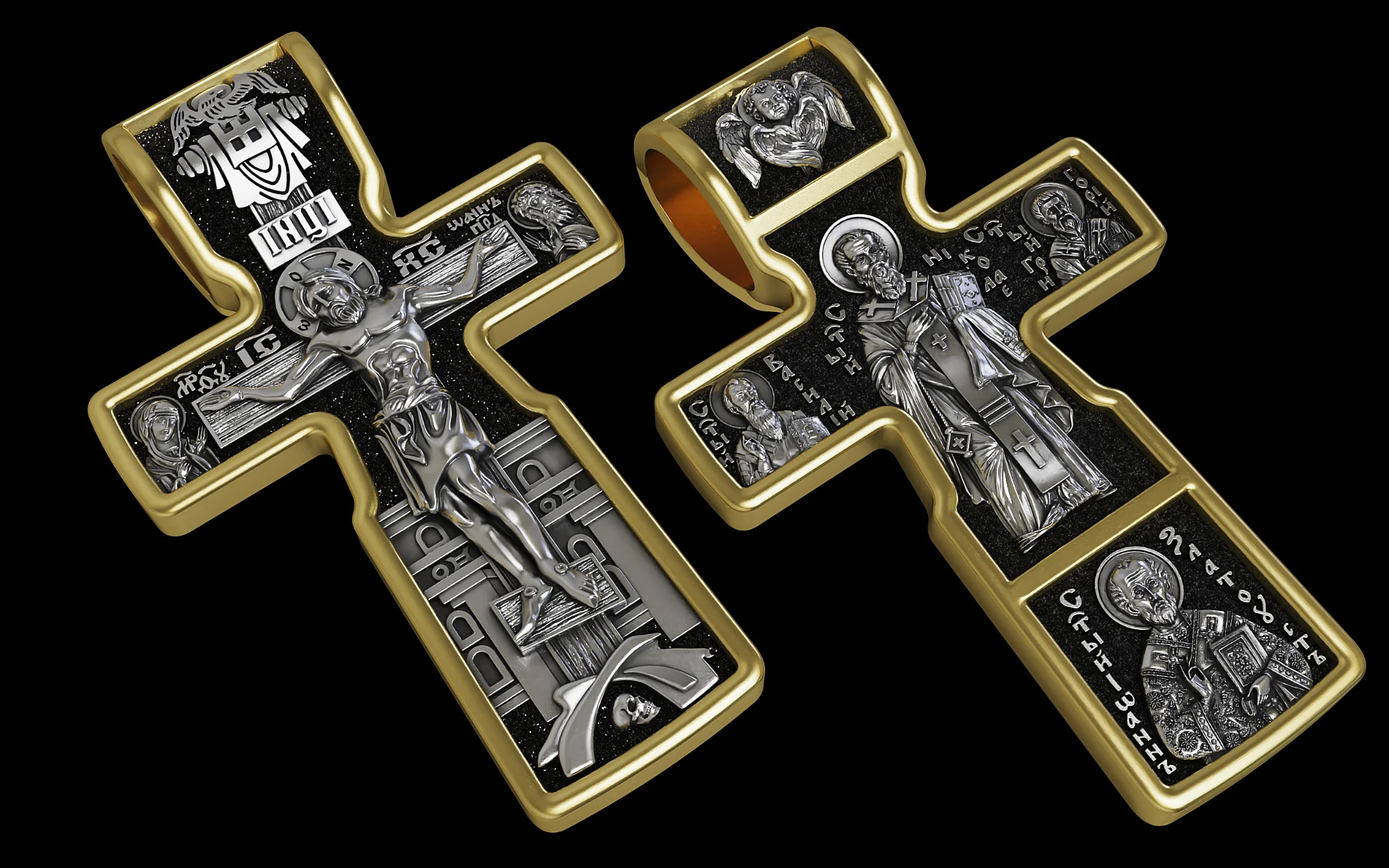Two-Tone Orthodox Cross Pendant with Crucifixion & Saints