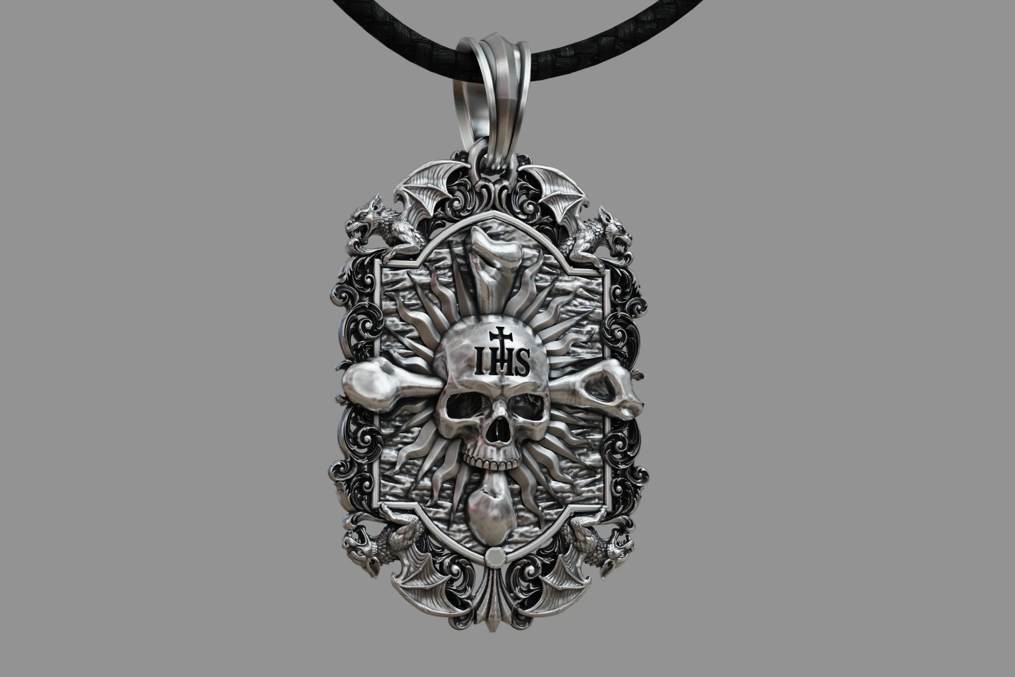 Gothic Dragon Skull Crossbones Pendant STL — view 7