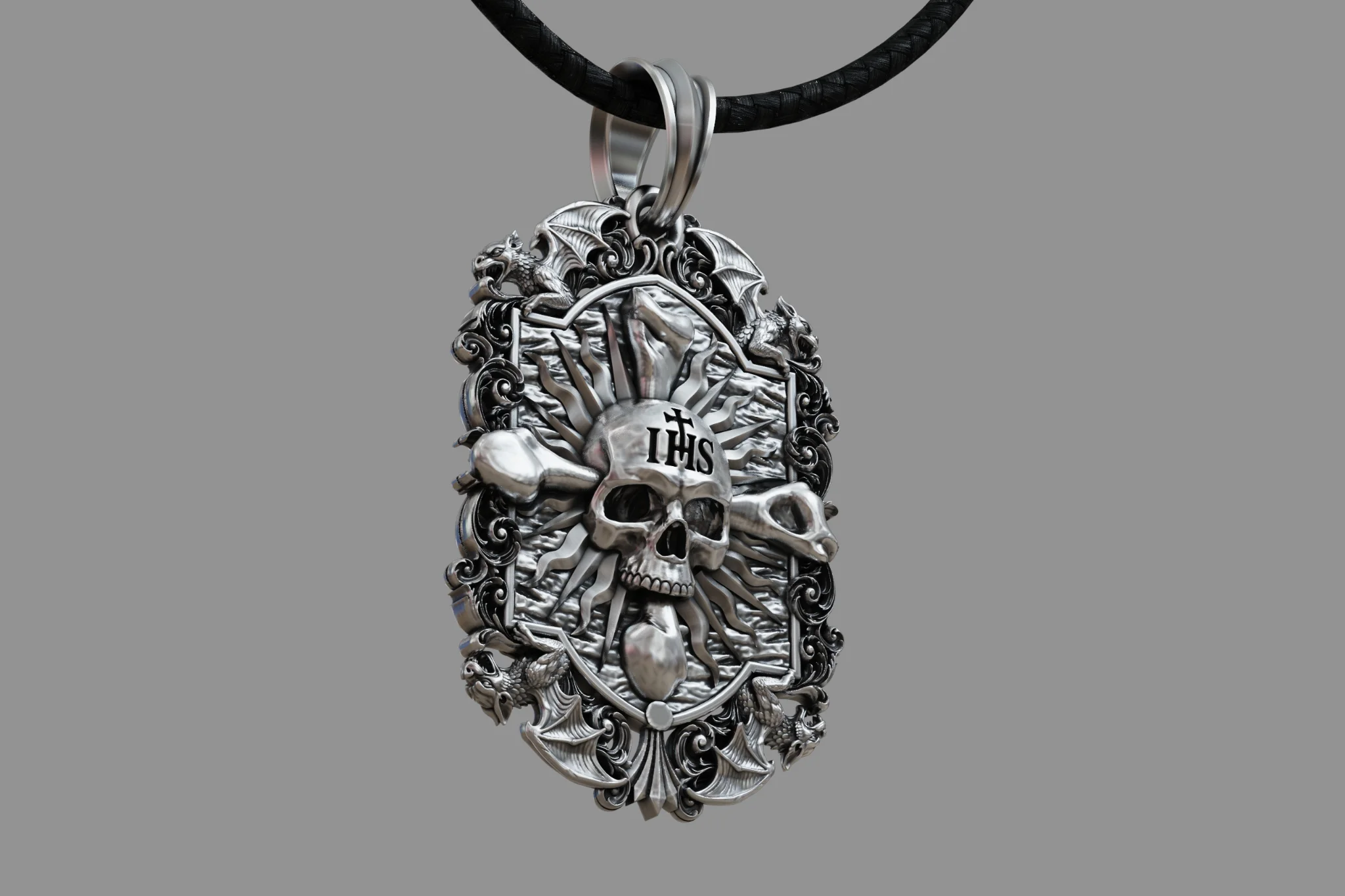 Gothic Dragon Skull Crossbones Pendant STL — view 4