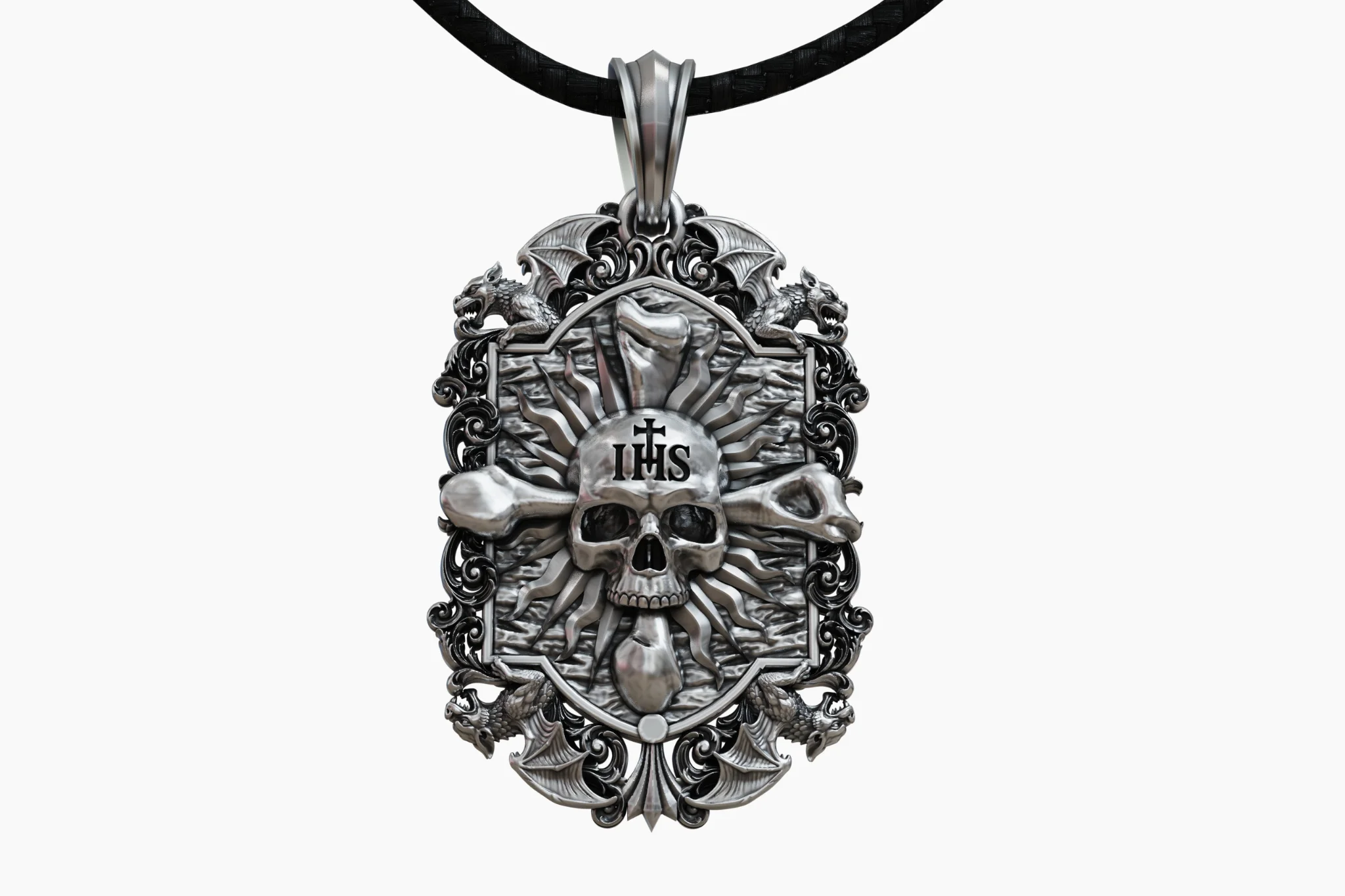 Gothic Dragon Skull Crossbones Pendant STL — view 5