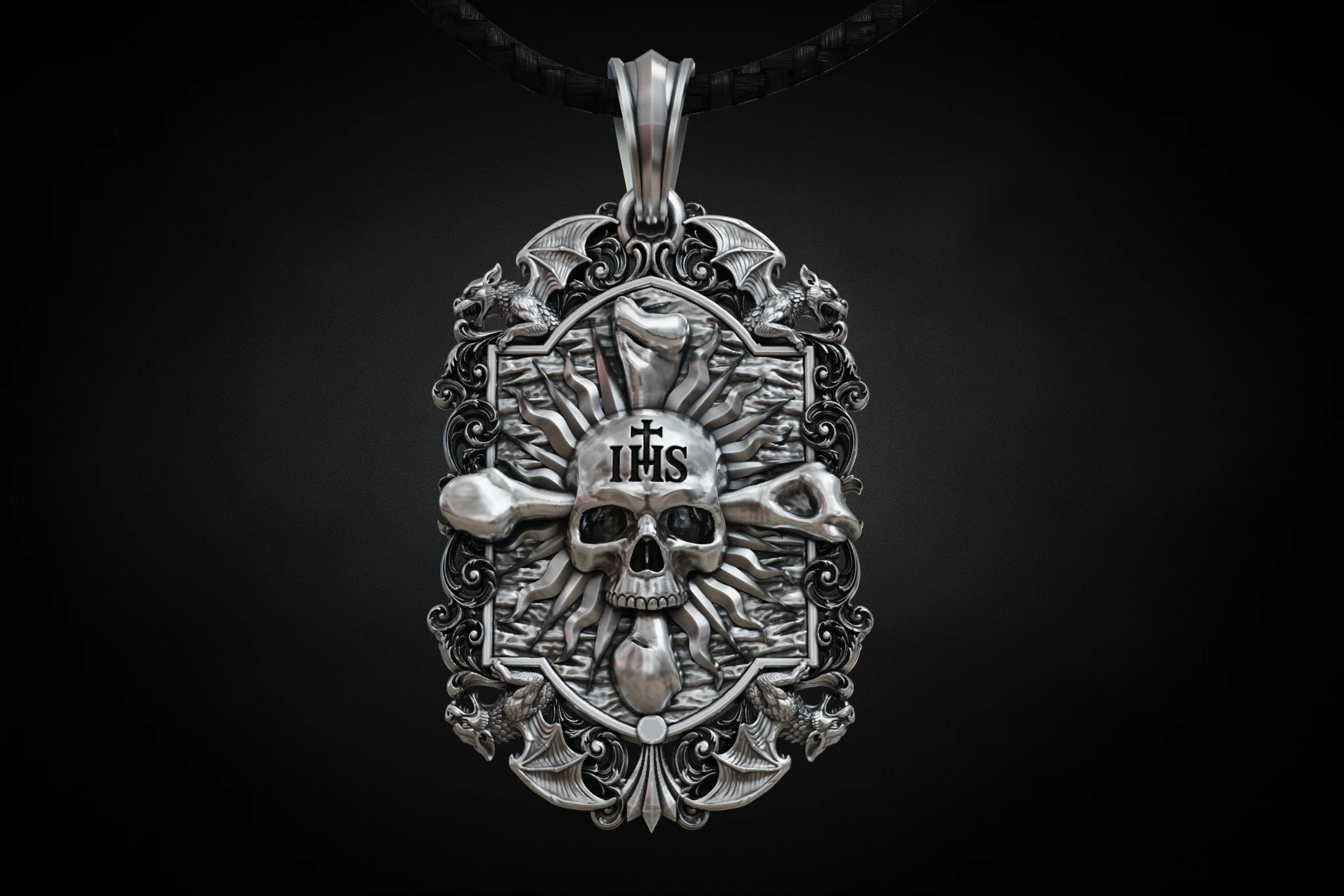 Gothic Dragon Skull Crossbones Pendant STL — view 3