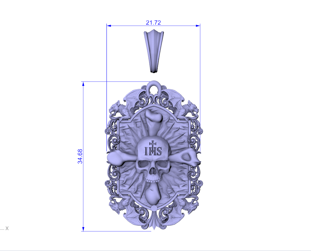 Gothic Dragon Skull Crossbones Pendant STL — view 8
