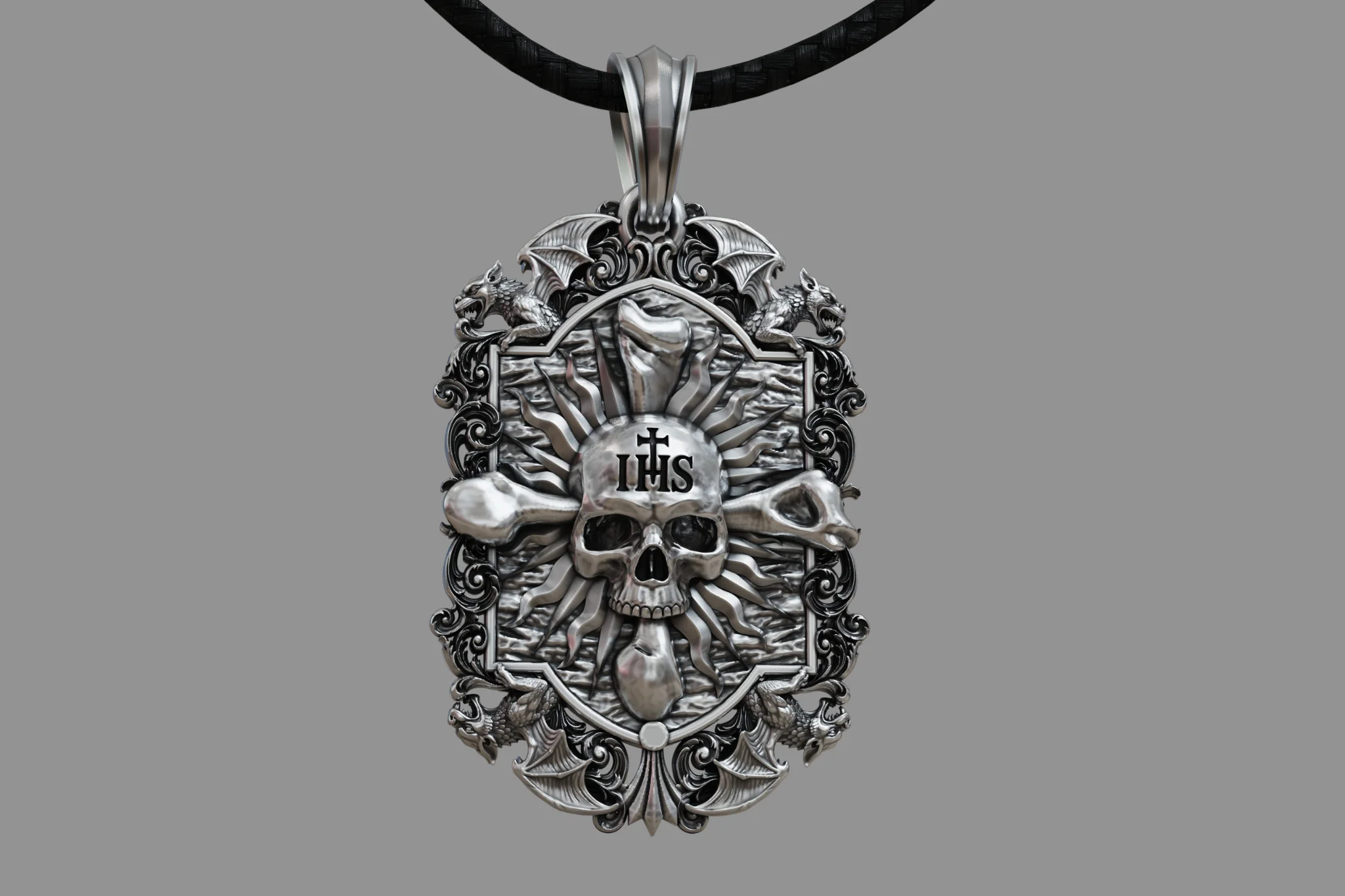 Gothic Dragon Skull Crossbones Pendant STL — view 6