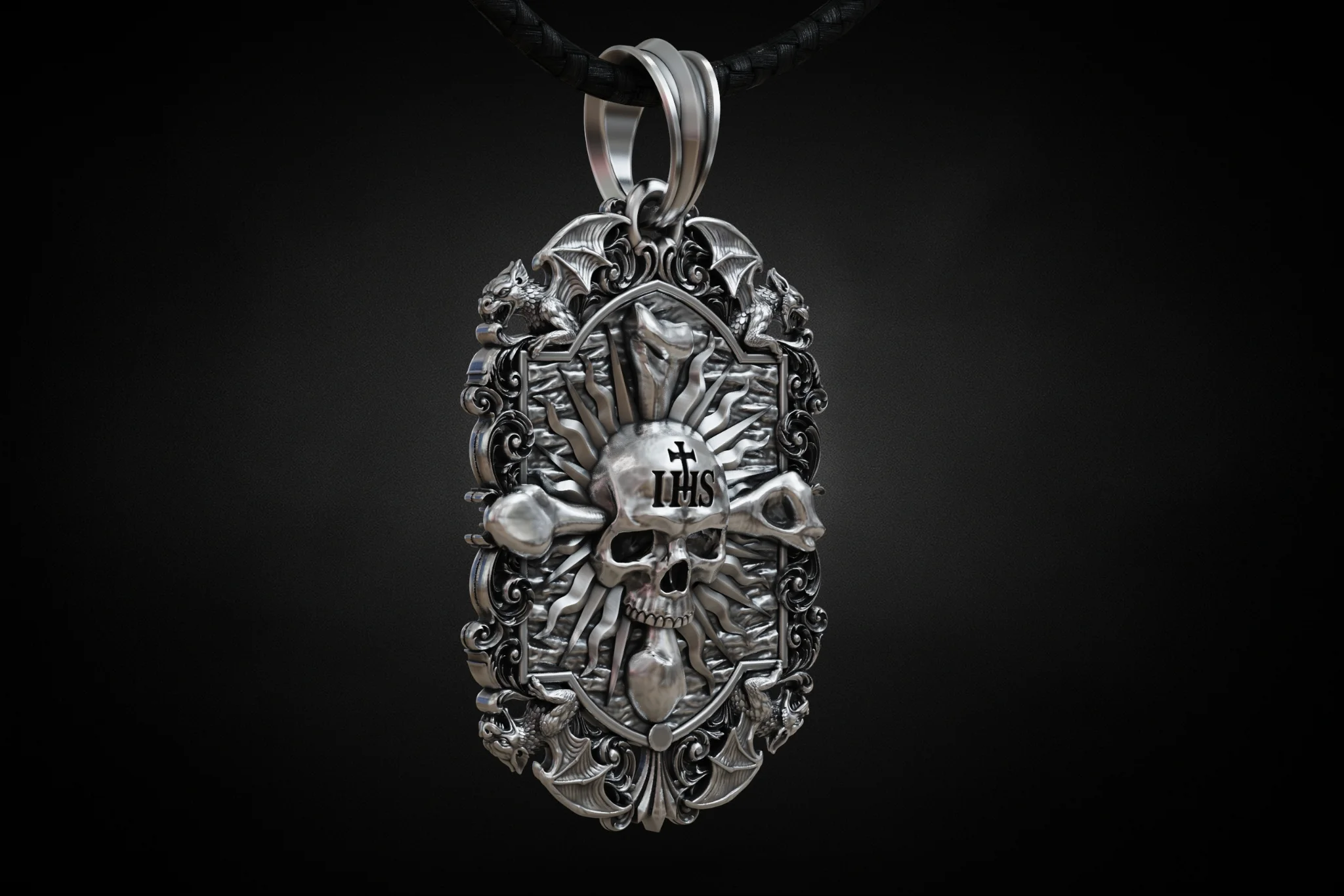 Gothic Dragon Skull Crossbones Pendant STL — view 2