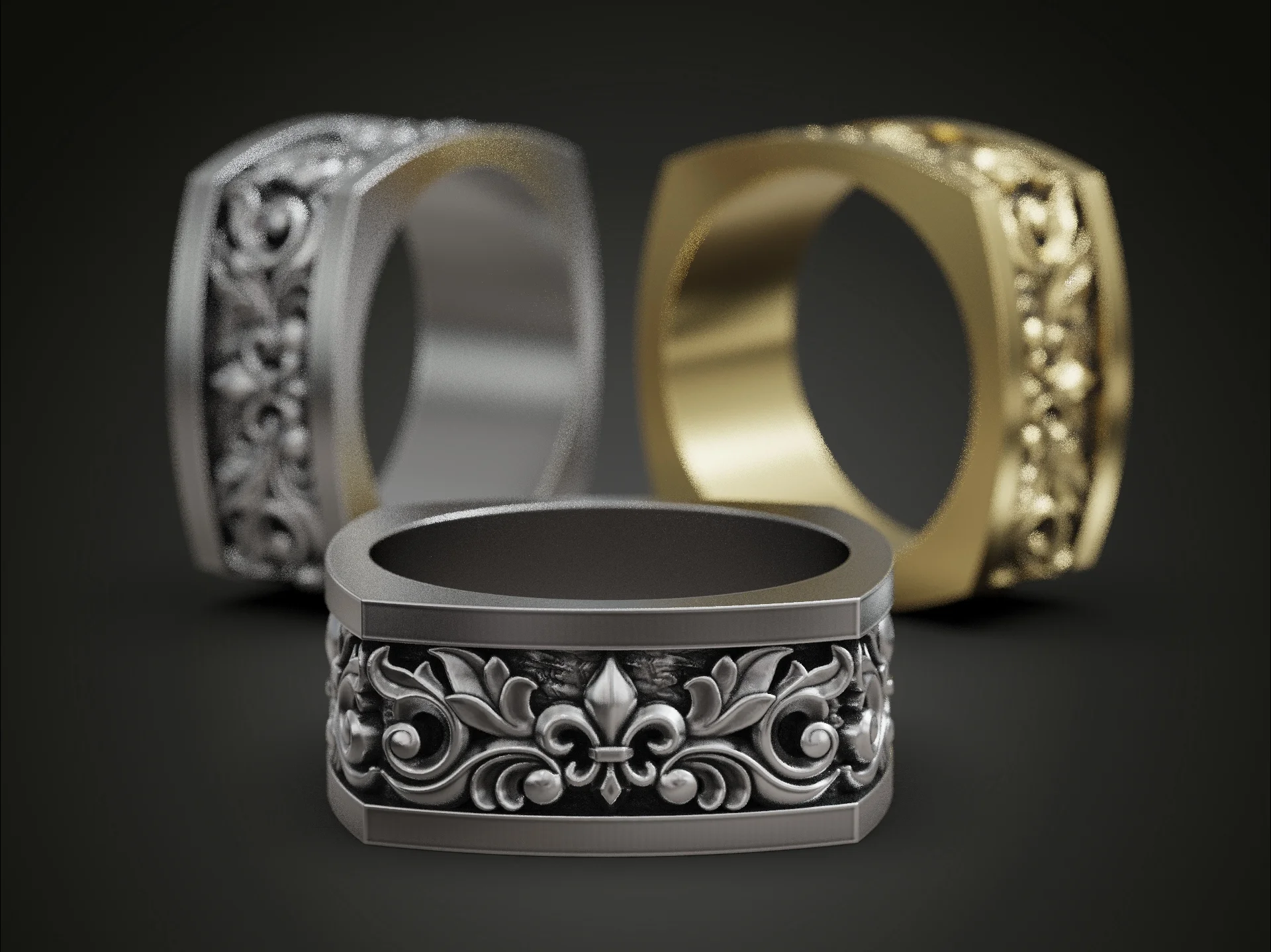 Baroque Acanthus Scroll Fleur-de-lis Band Ring