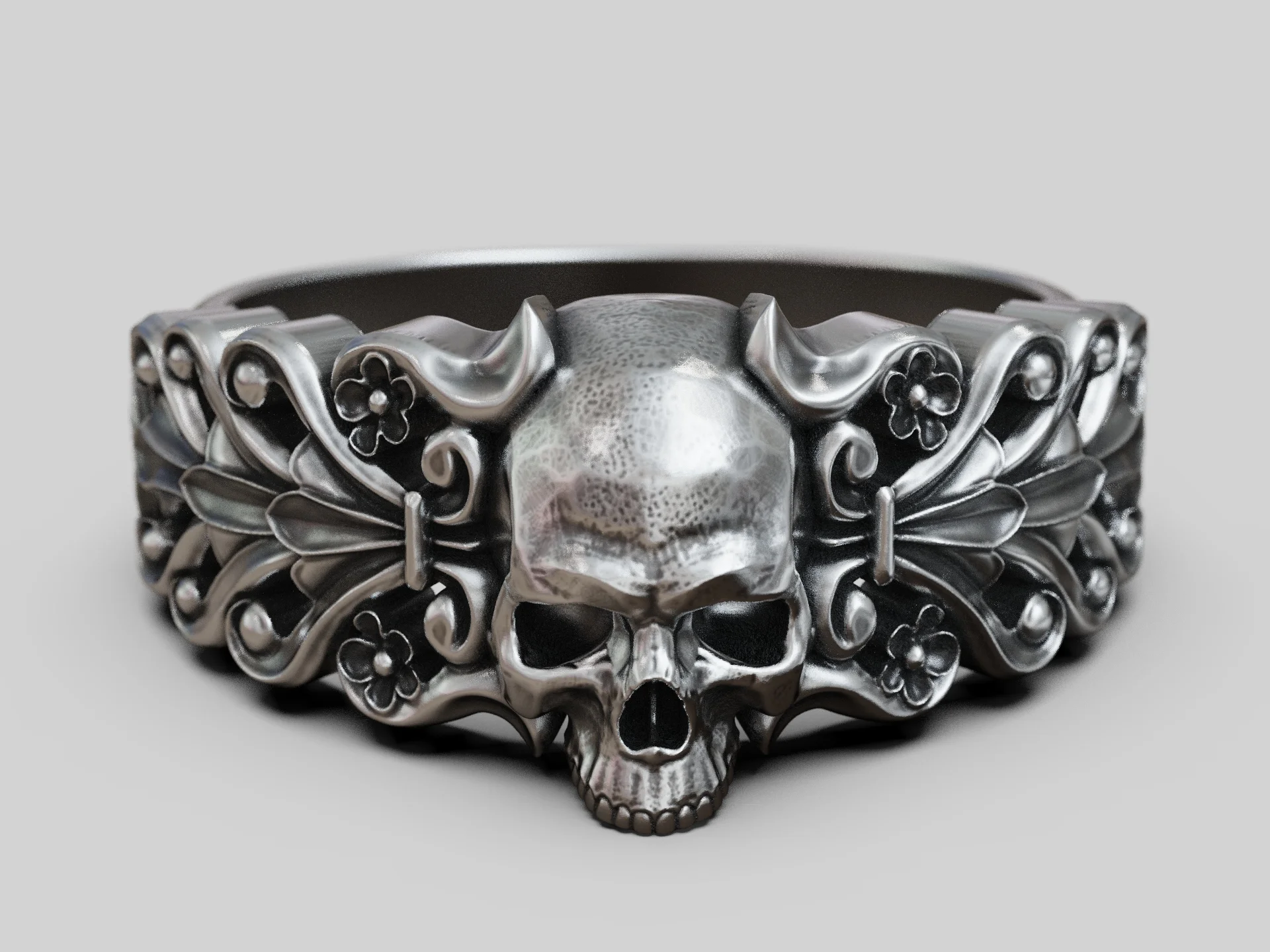 Baroque Skull Ring with Floral Scroll Shoulders — view 2