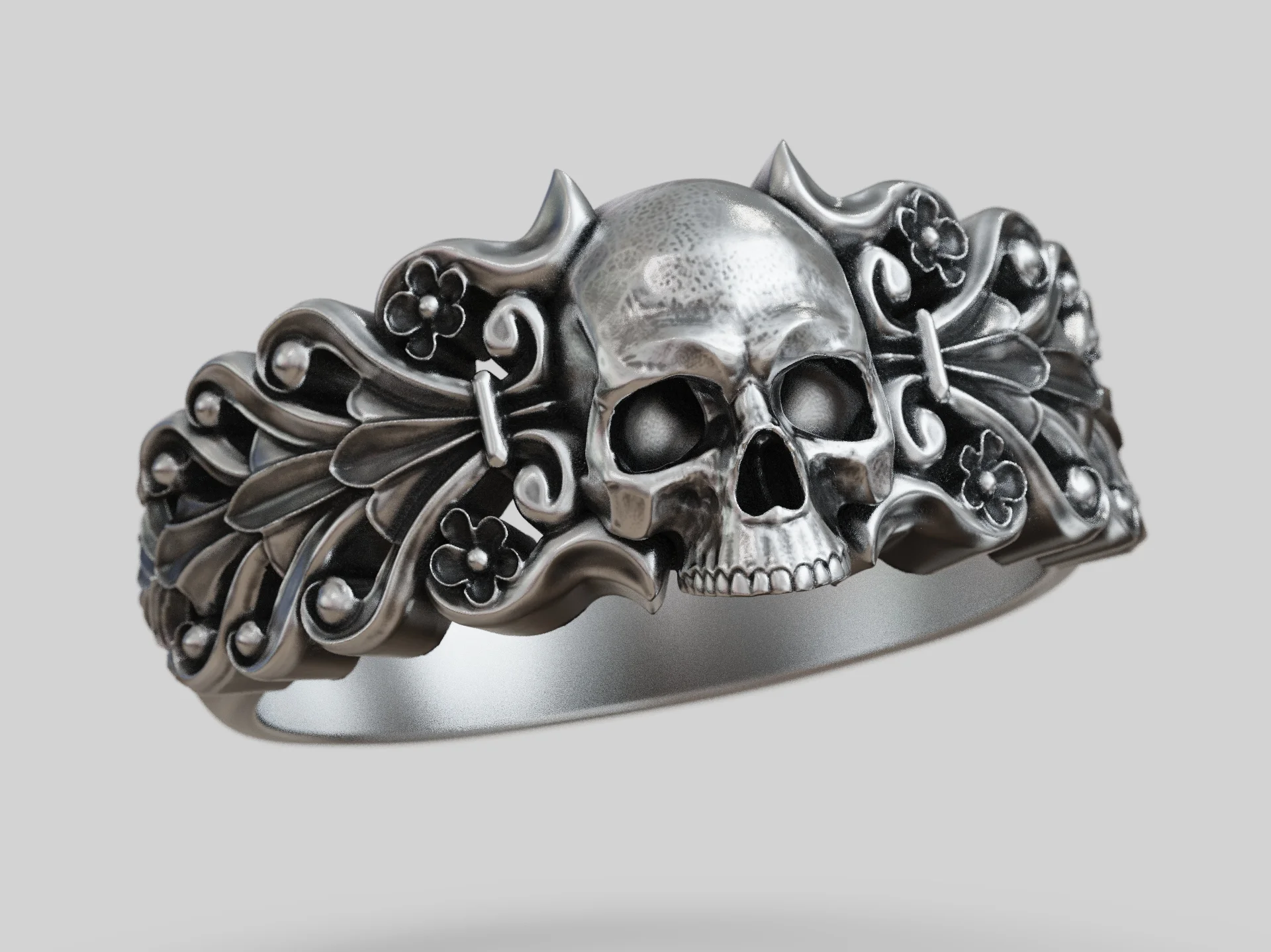 Baroque Skull Ring with Floral Scroll Shoulders — view 7