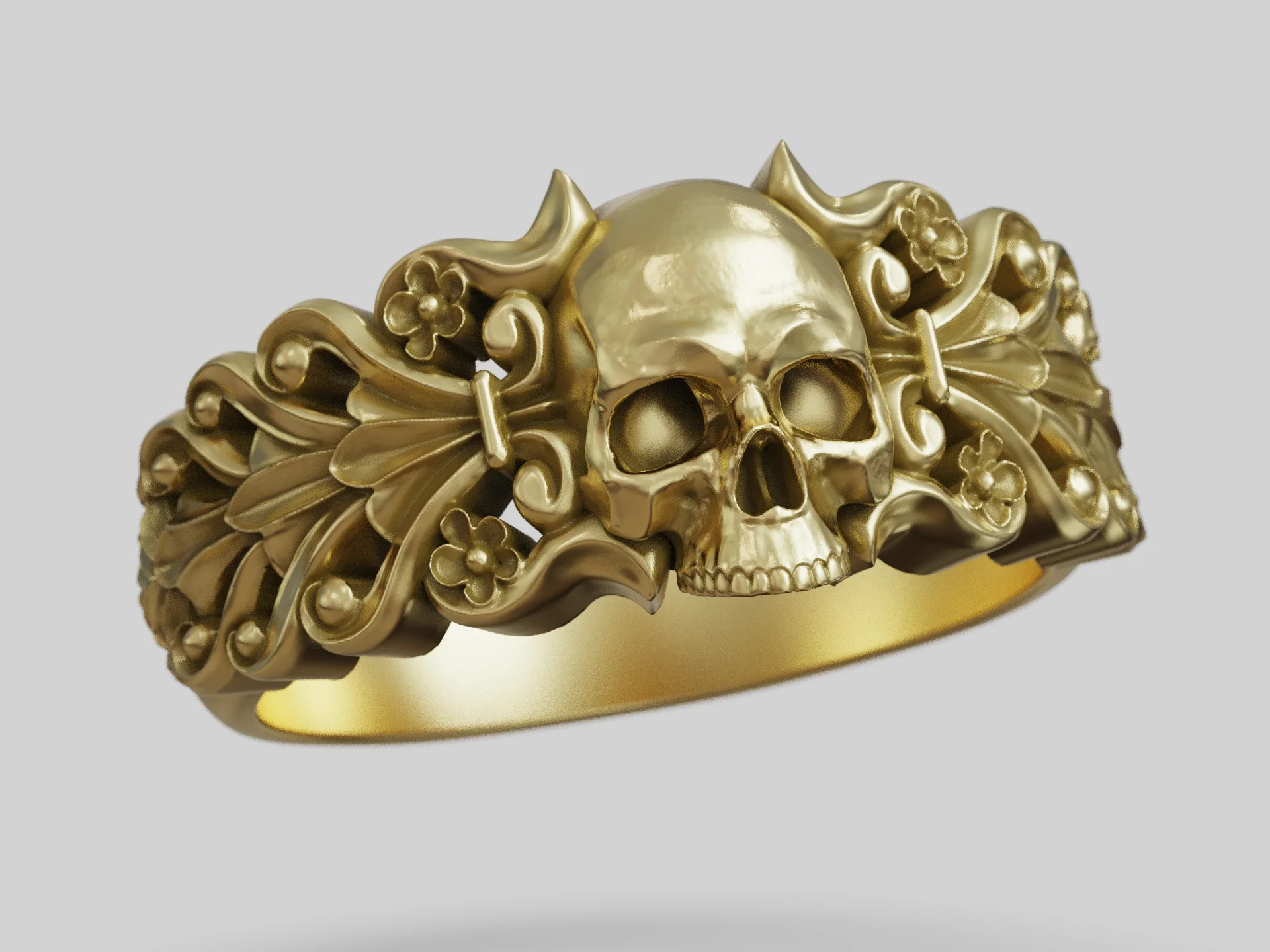 Baroque Skull Ring with Floral Scroll Shoulders — view 8