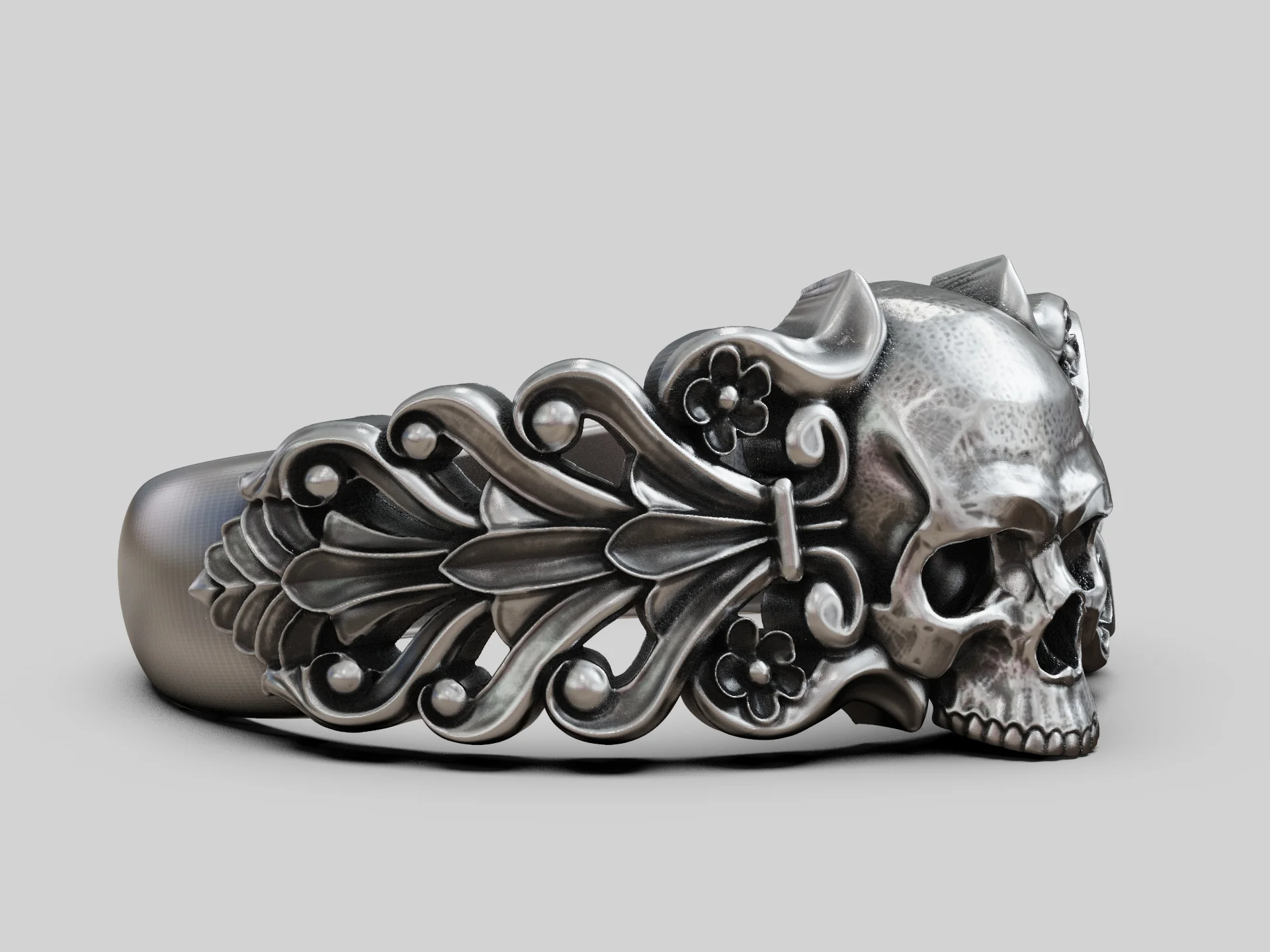 Baroque Skull Ring with Floral Scroll Shoulders — view 3