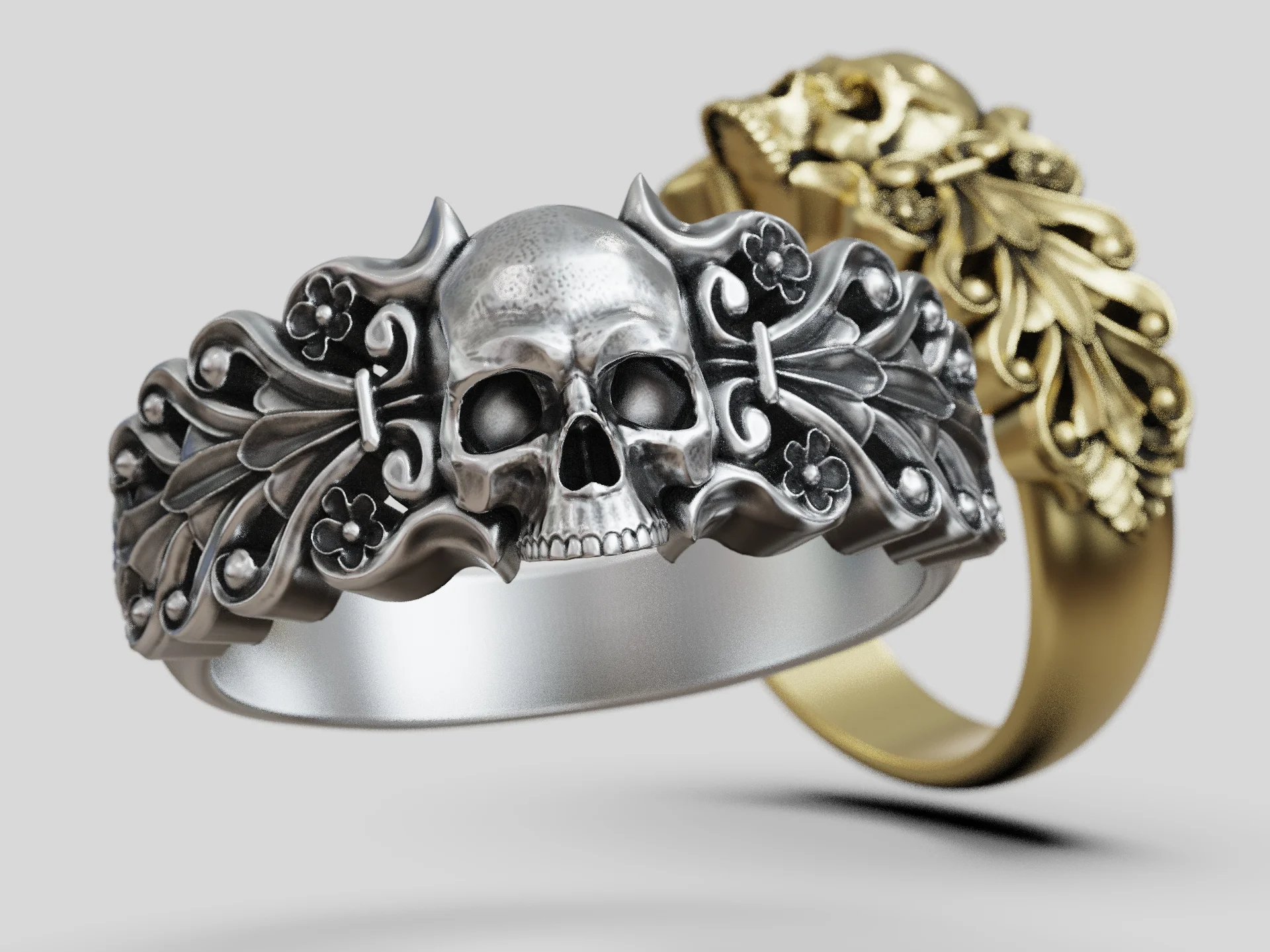Baroque Skull Ring with Floral Scroll Shoulders