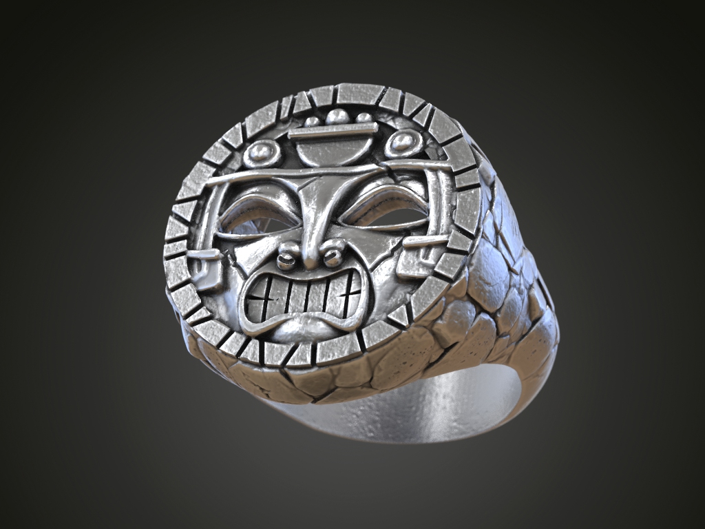 Tribal Tiki Mask Stone Texture Signet Ring — view 3