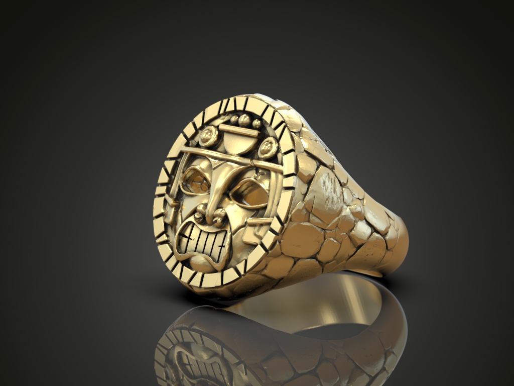 Tribal Tiki Mask Stone Texture Signet Ring — view 4