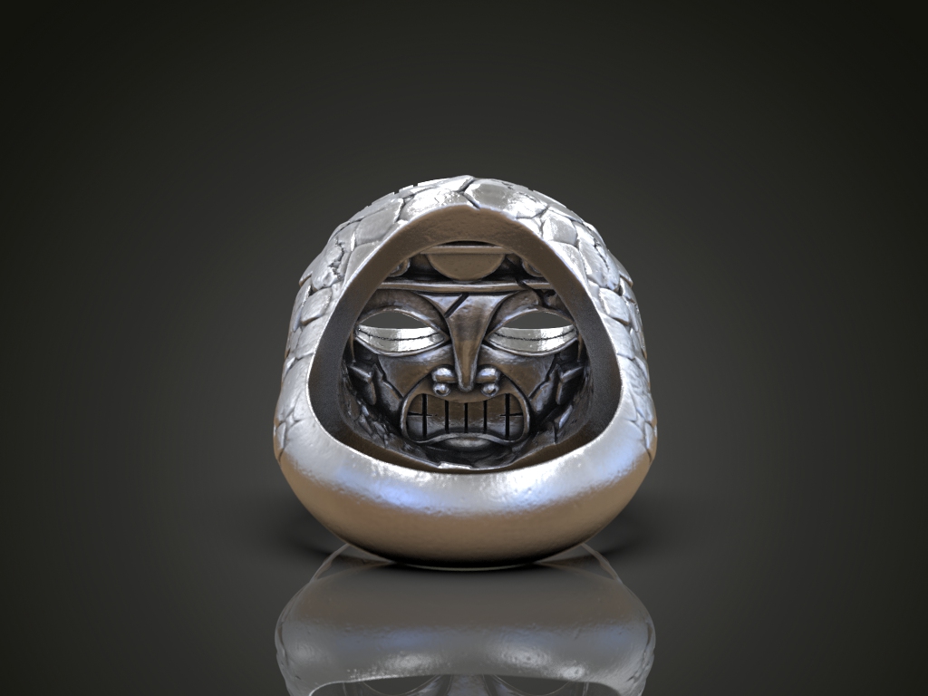 Tribal Tiki Mask Stone Texture Signet Ring — view 2