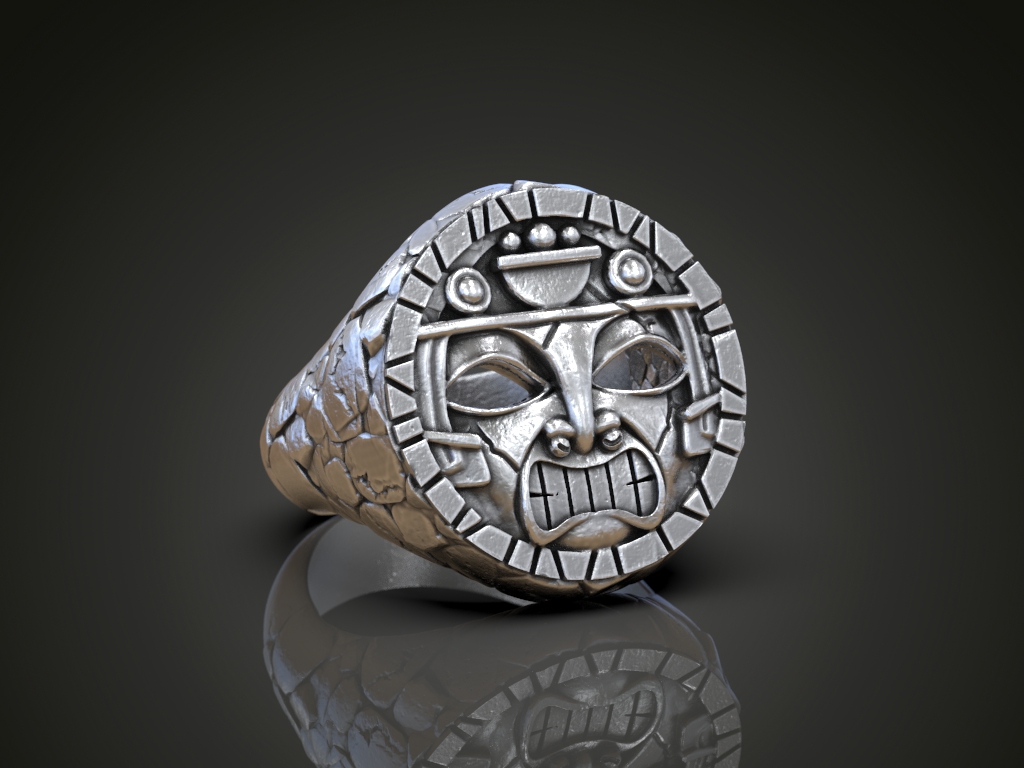 Tribal Tiki Mask Stone Texture Signet Ring