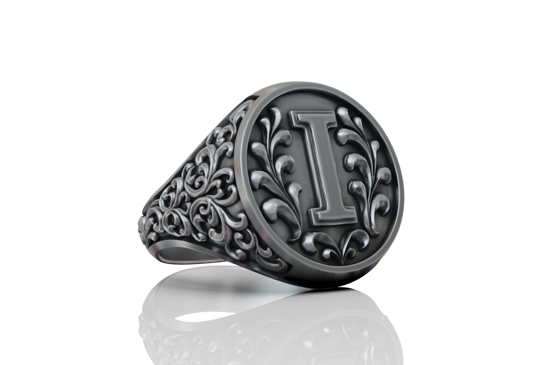 Ornate Letter I Initial Signet Ring — view 8