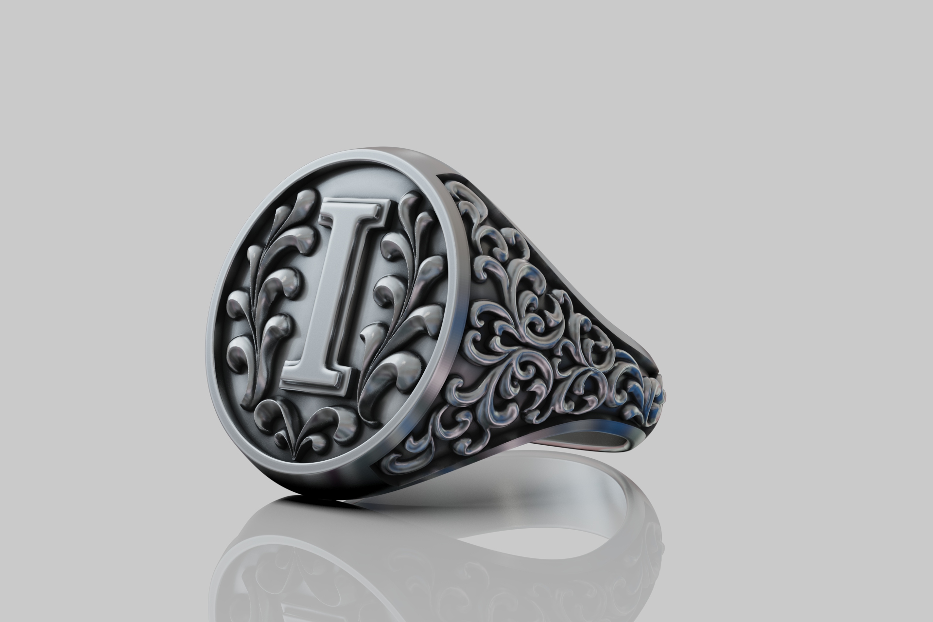 Ornate Letter I Initial Signet Ring — view 6