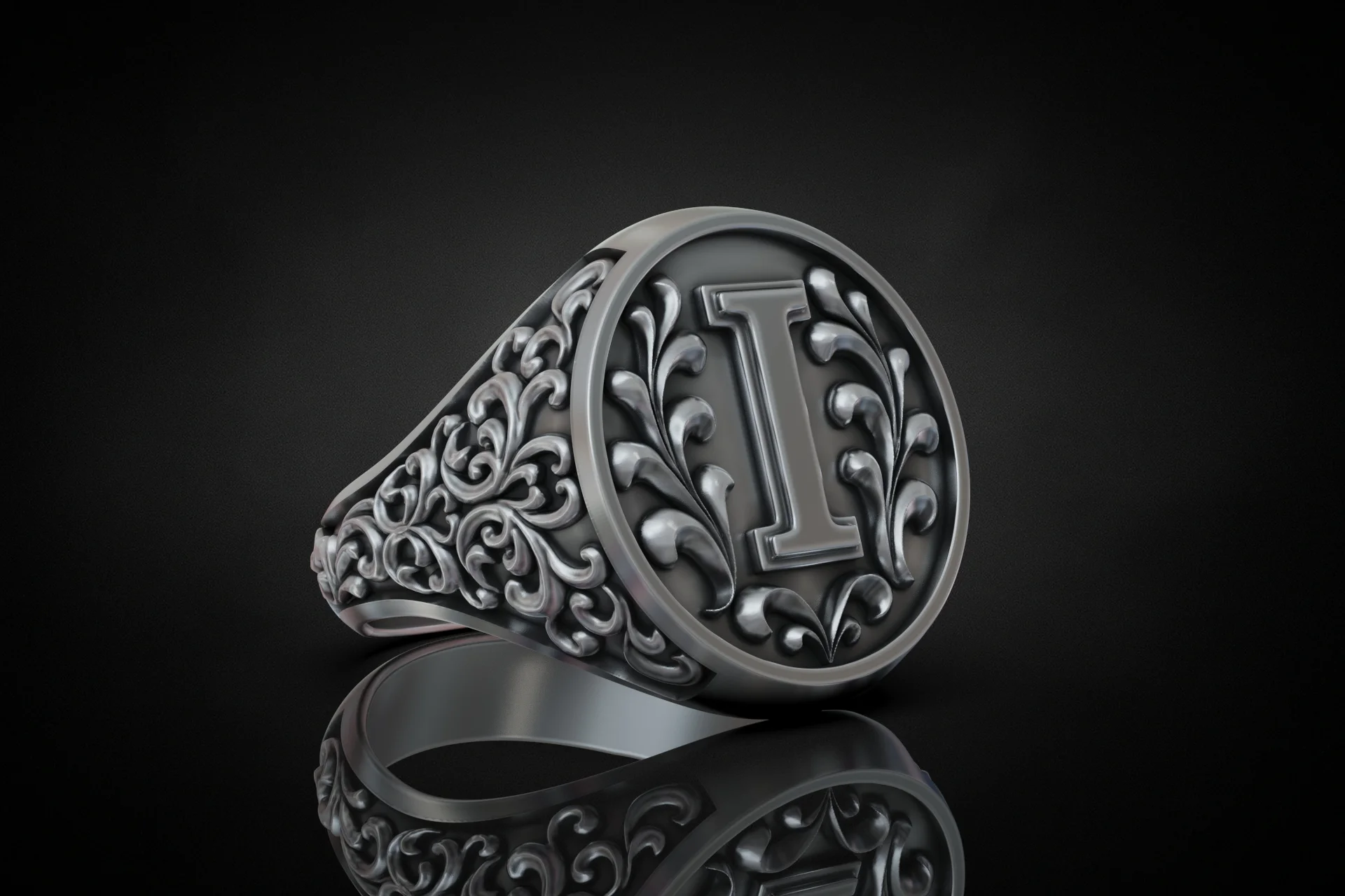 Ornate Letter I Initial Signet Ring — view 3