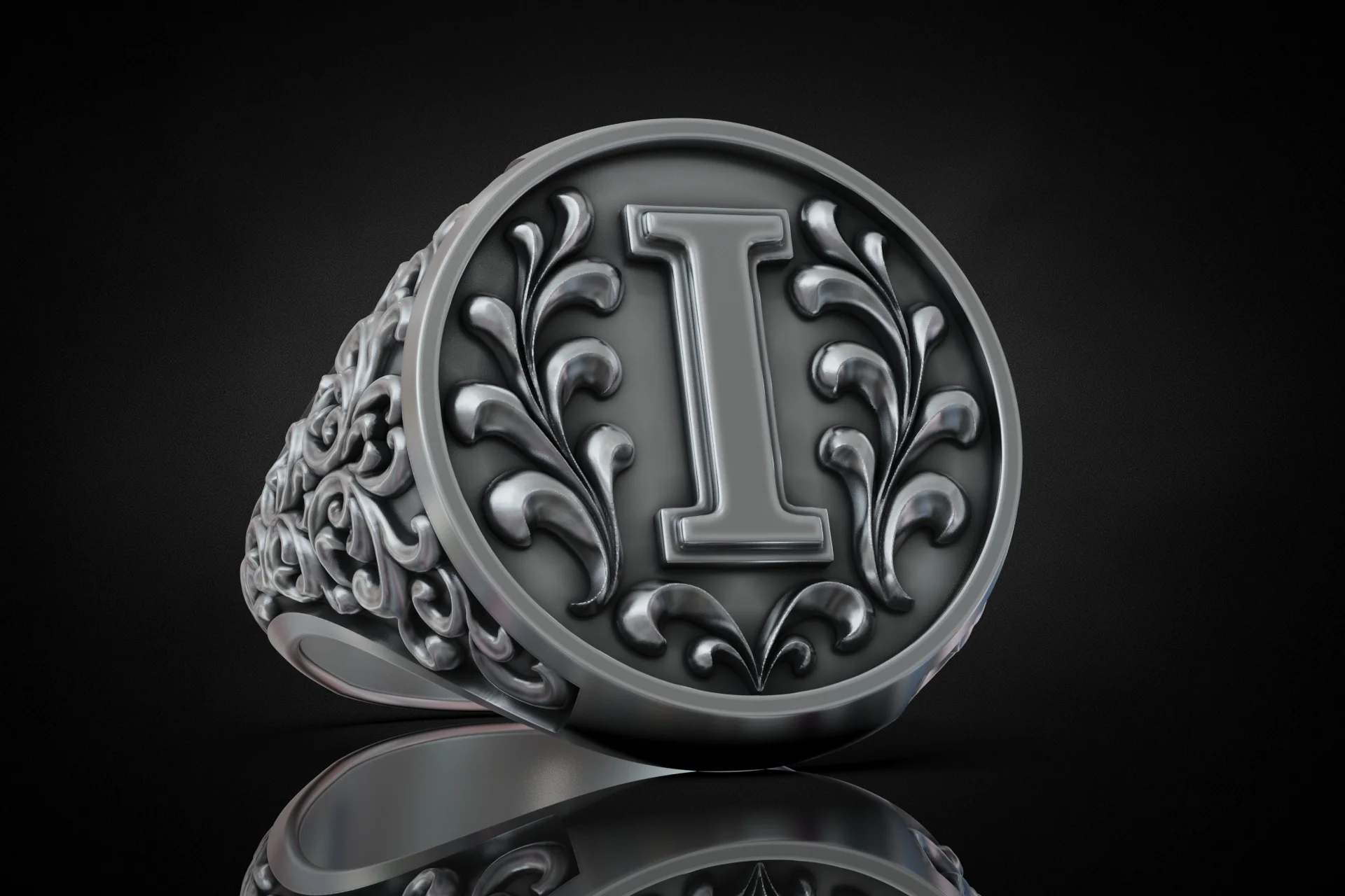 Ornate Letter I Initial Signet Ring