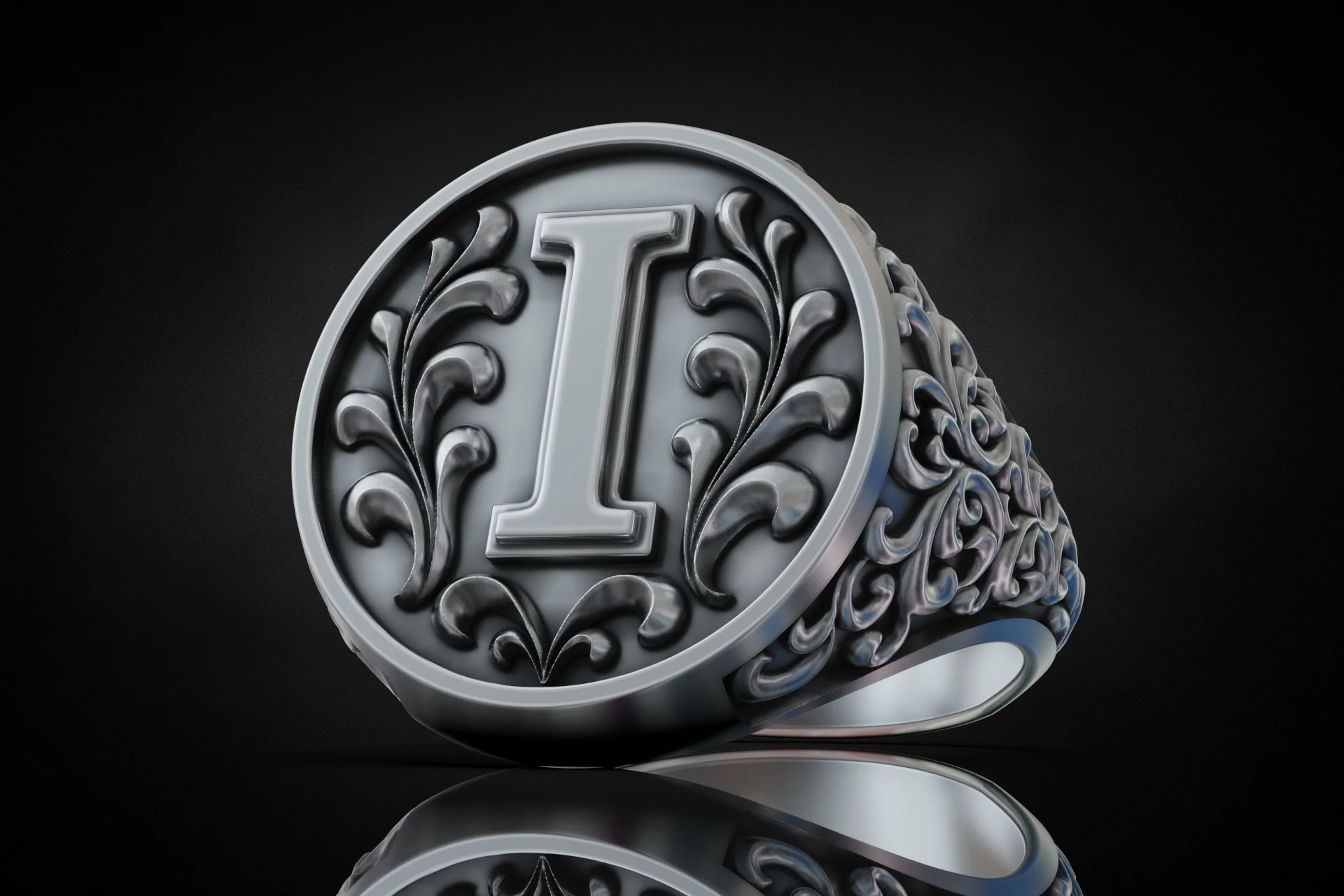 Ornate Letter I Initial Signet Ring — view 2