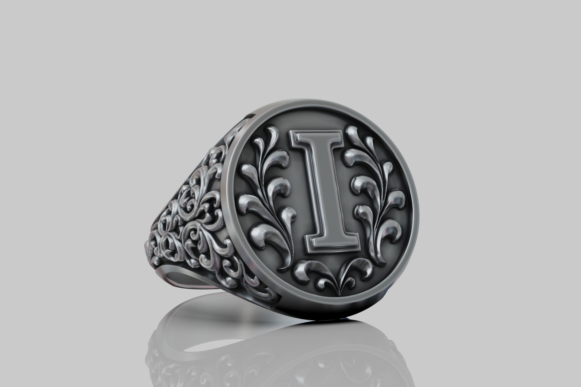 Ornate Letter I Initial Signet Ring — view 5