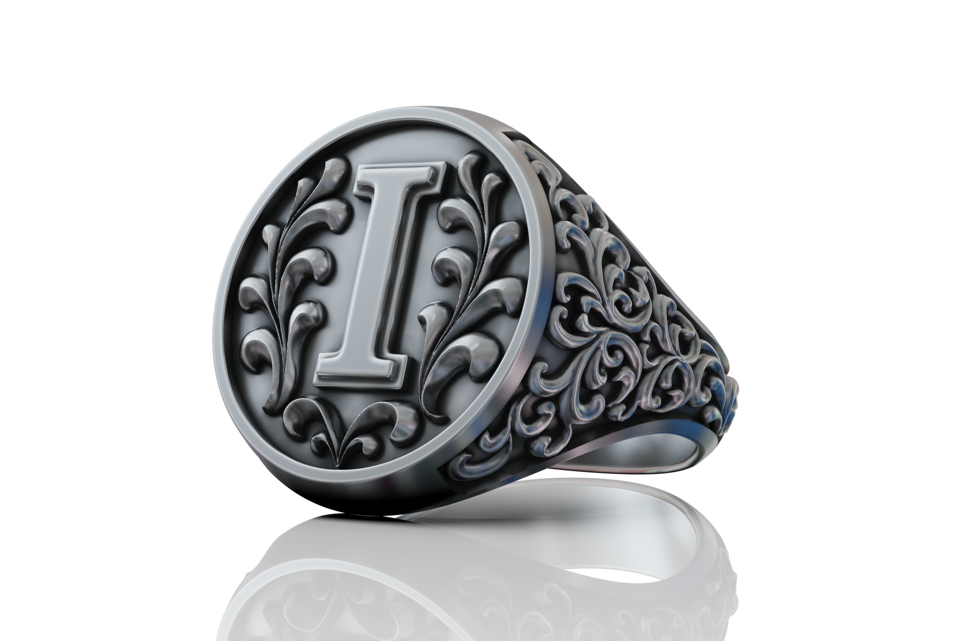 Ornate Letter I Initial Signet Ring — view 7