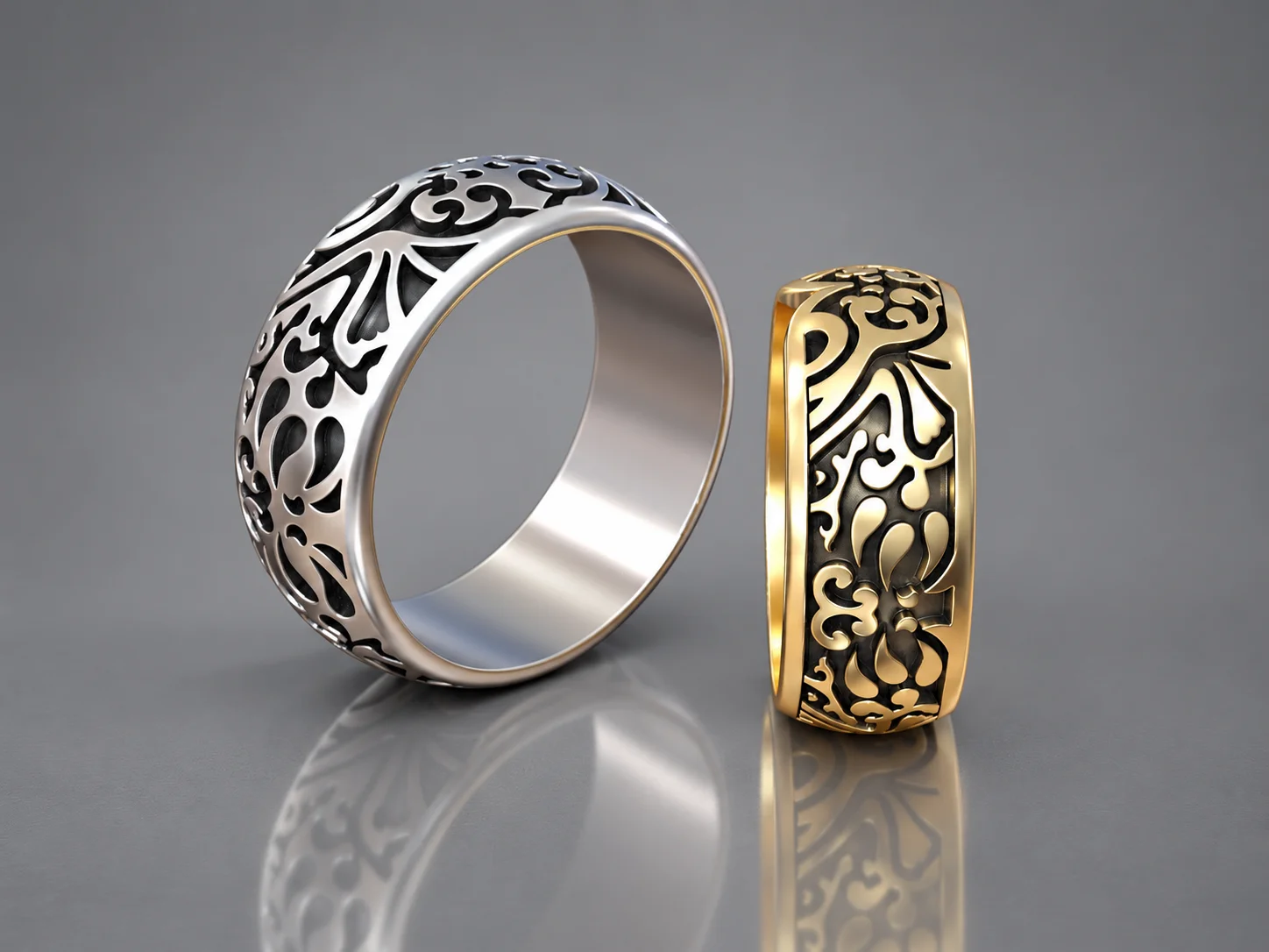 Matching Wedding Ring Set with Raised and Recessed Pattern — view 2