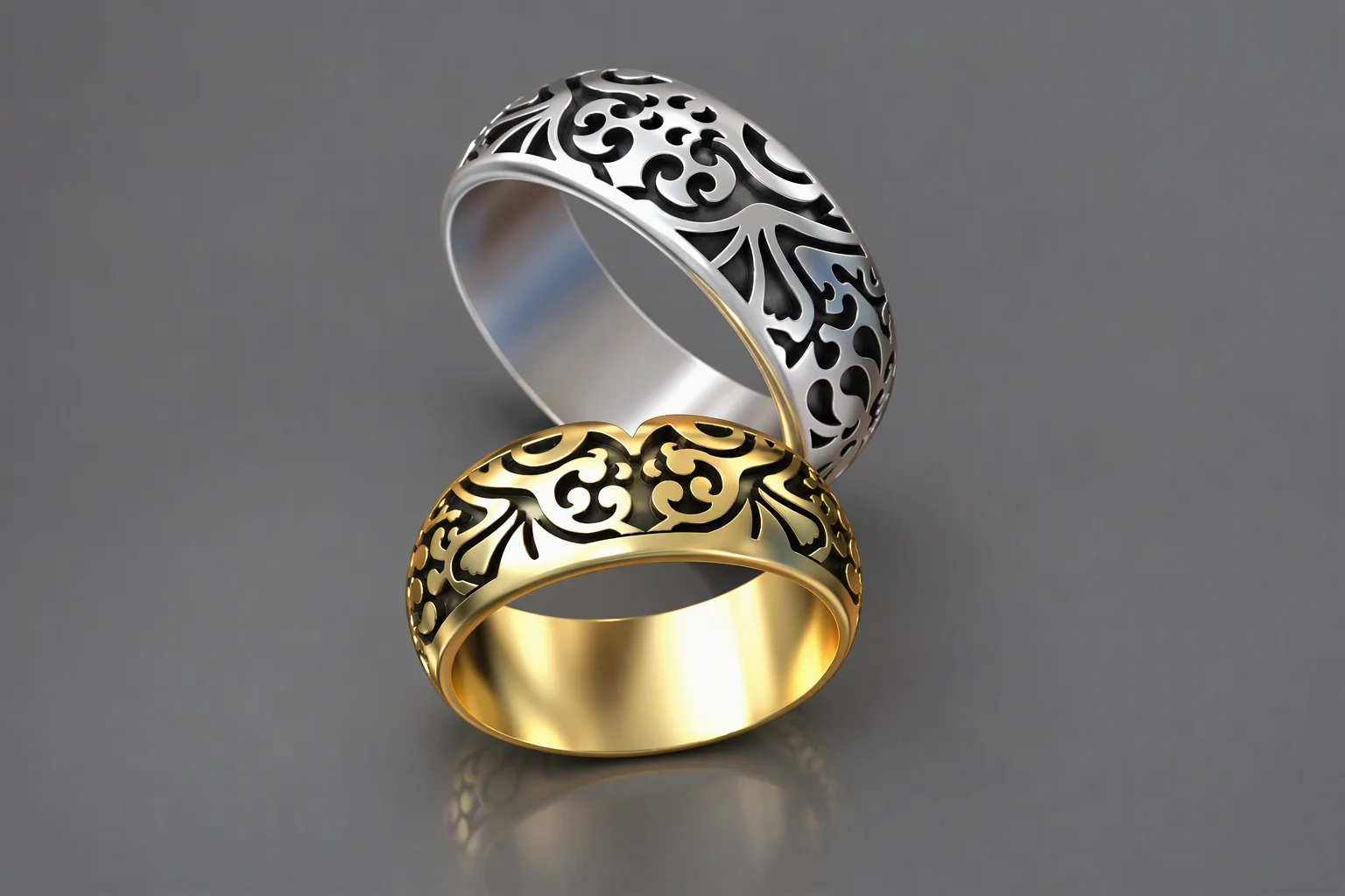Matching Wedding Ring Set with Raised and Recessed Pattern