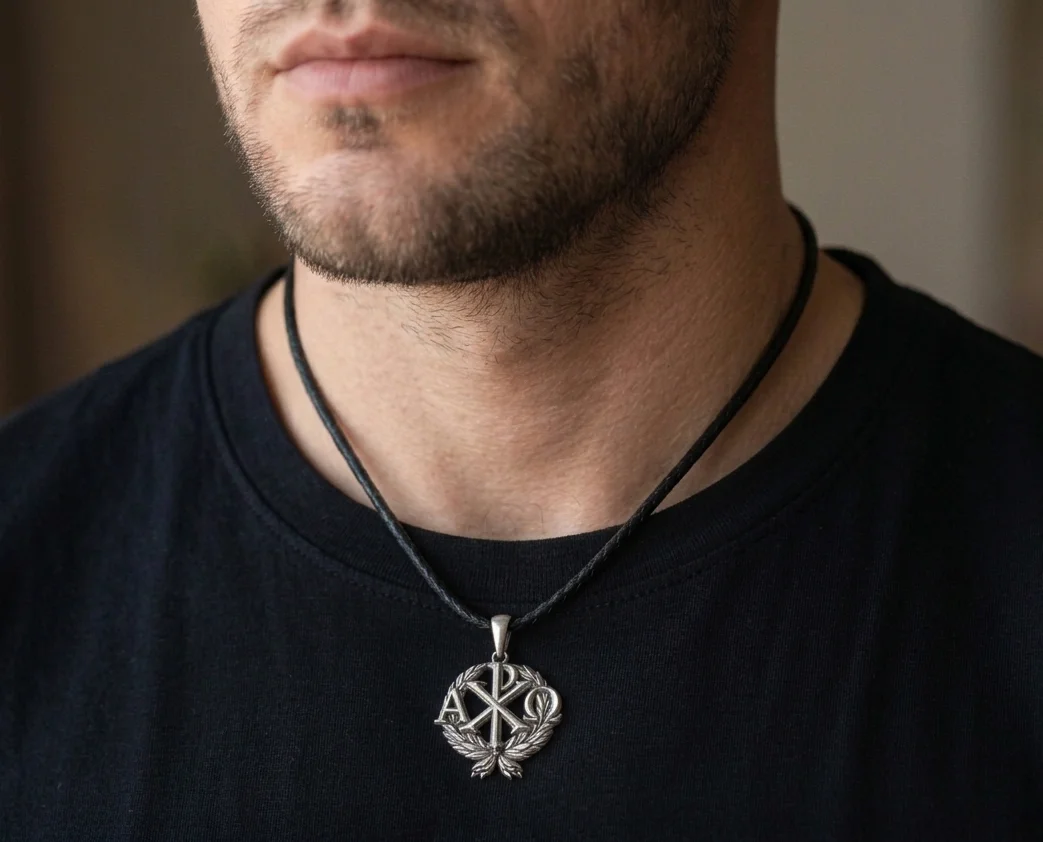 Chi-Rho with Alpha Omega Laurel Wreath Pendant