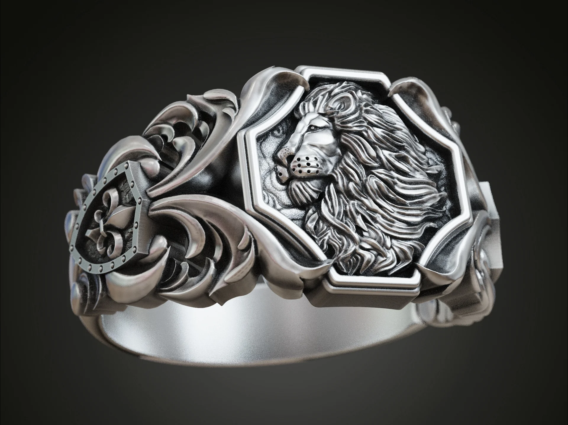 Lion Head Relief and Cross Signet Ring