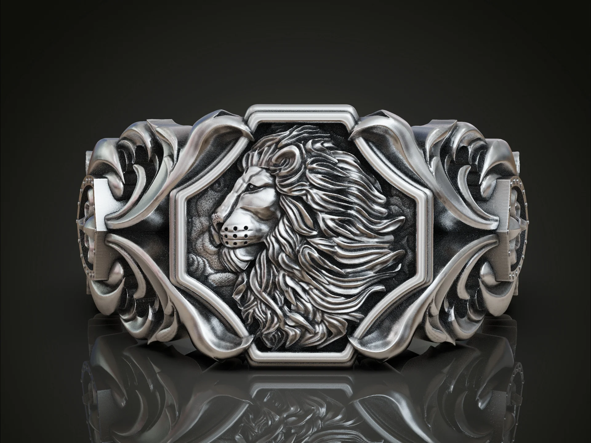 Lion Head Relief and Cross Signet Ring — view 2
