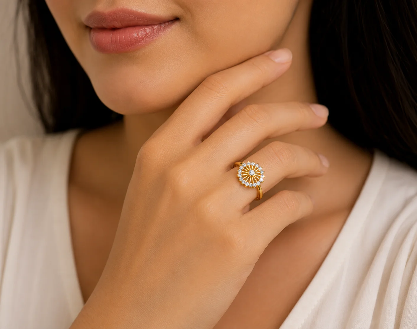 Elegant yellow-gold diamond ring display — view 2