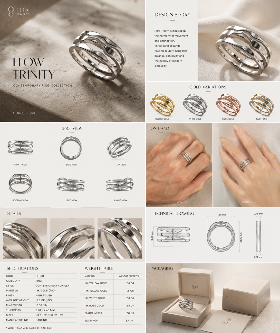 Flow Trinity Contemporary Wave Ring | 3D Jewelry Design