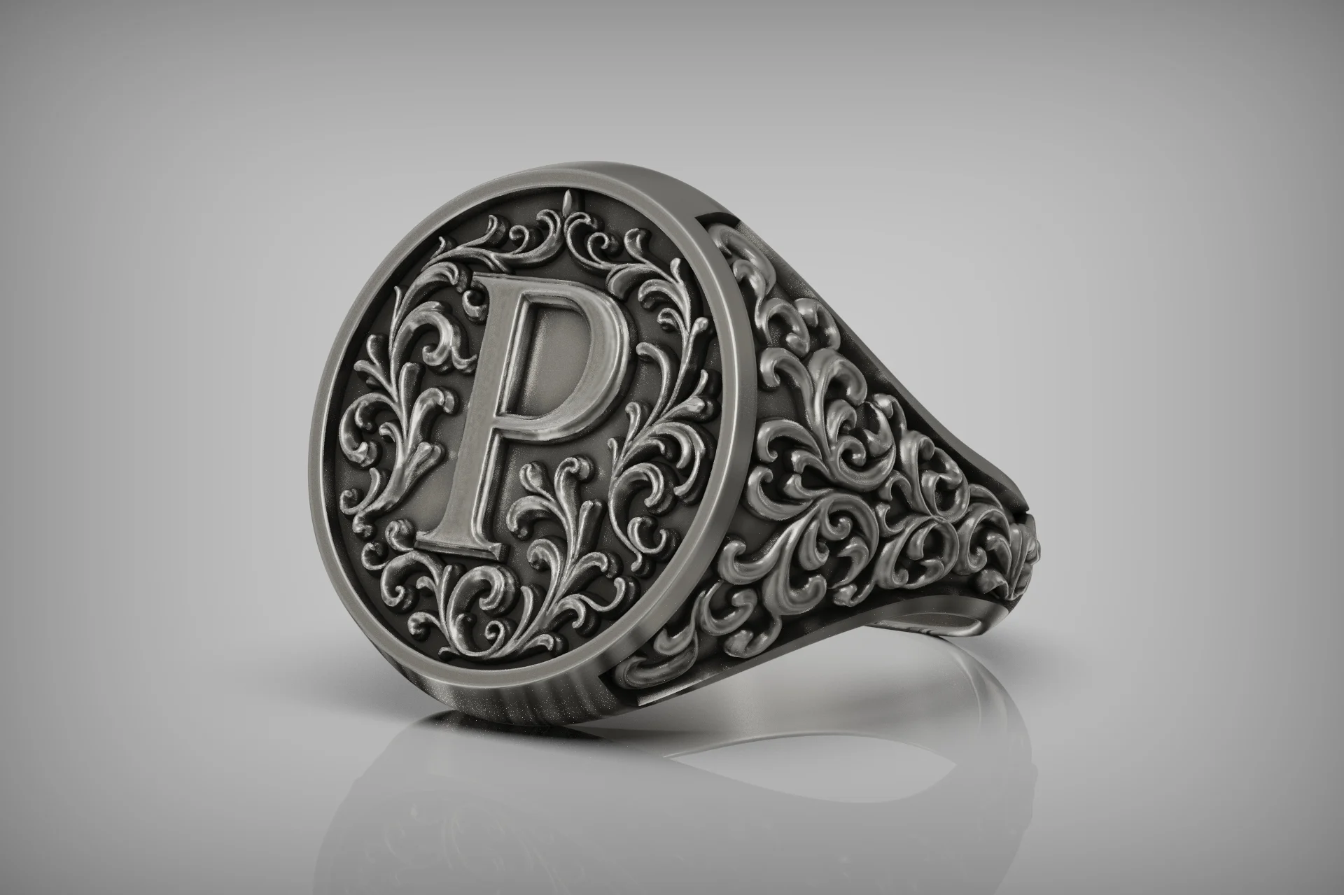 Baroque Initial 'P' Signet Ring with Acanthus Scrolls — view 4