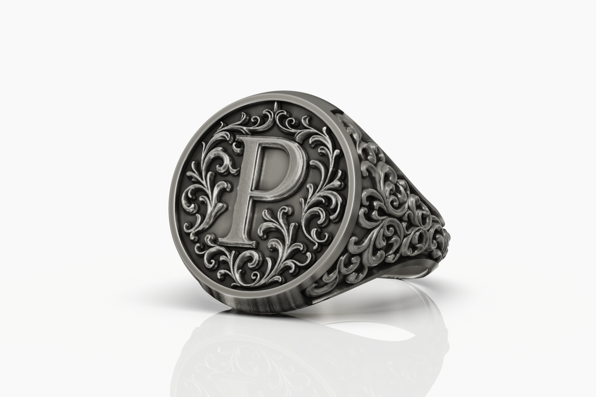 Baroque Initial 'P' Signet Ring with Acanthus Scrolls — view 5