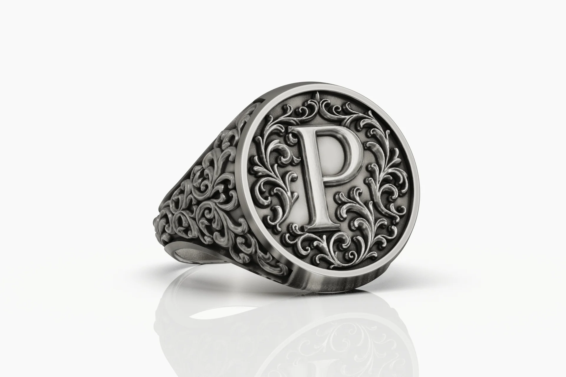 Baroque Initial 'P' Signet Ring with Acanthus Scrolls — view 6