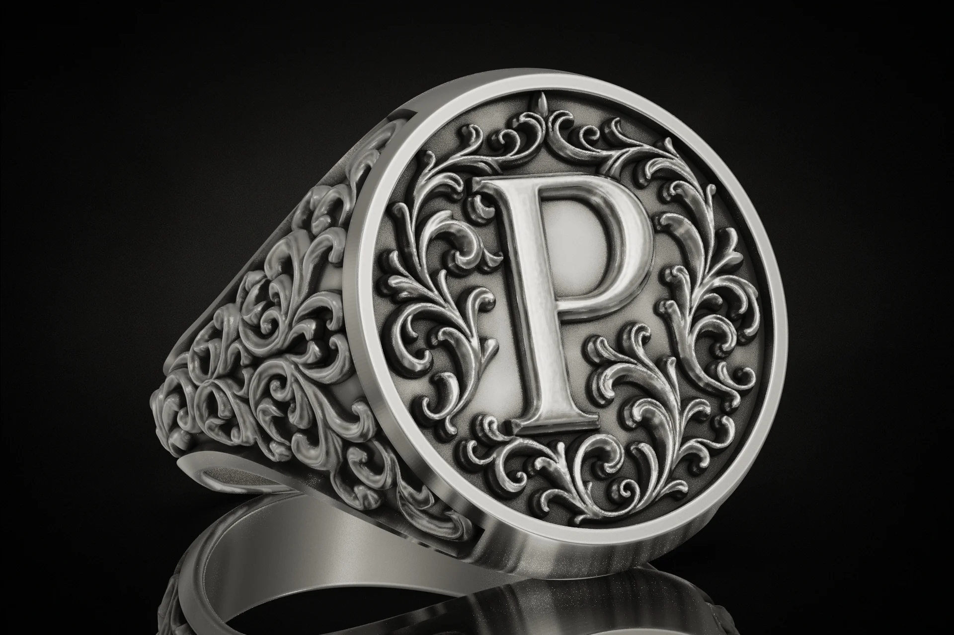 Baroque Initial 'P' Signet Ring with Acanthus Scrolls — view 2